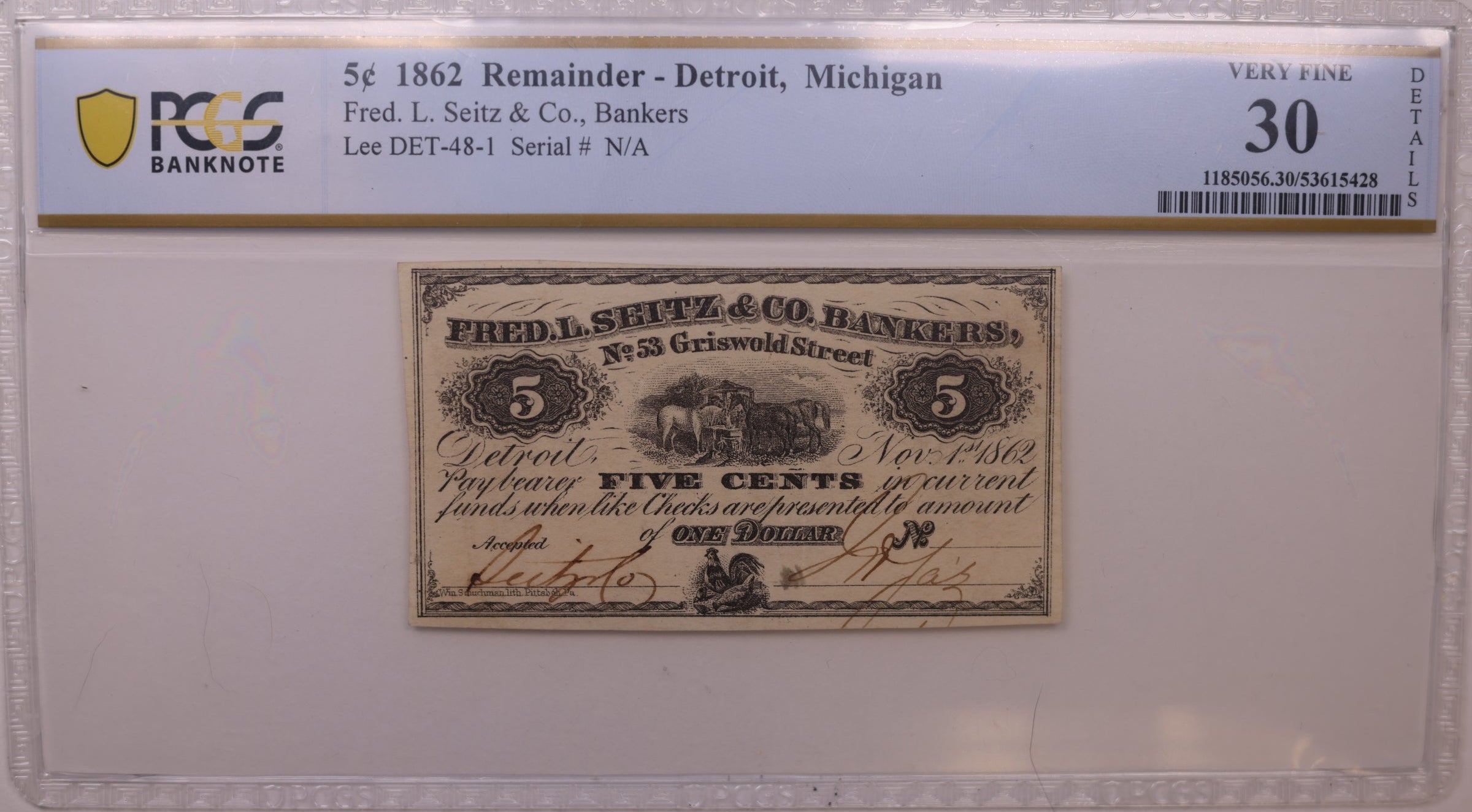 1862 5C Remainder-Detroit, MI, Lee DET-48-1, PCGS VF-30, STORE #GMI158
