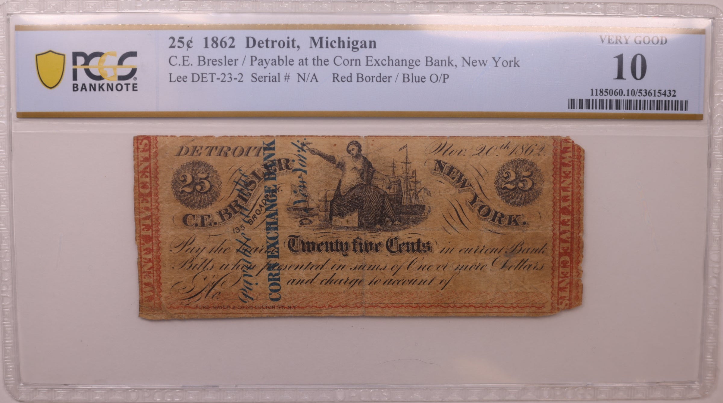 1862 25C Detroit, MI, Lee DET-23-2, PCGS VG-10, STORE #GMI159