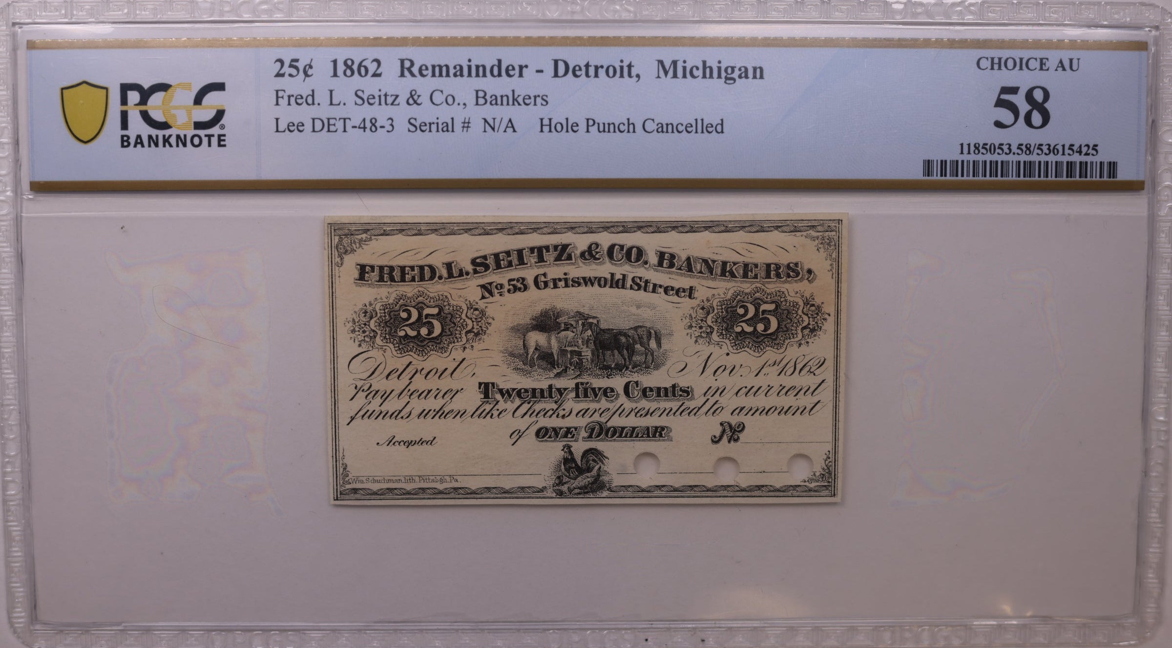 1862 25C Remainder-Detroit, MI, Lee DET-48-3, PCGS Choice AU-58, STORE #GMI160