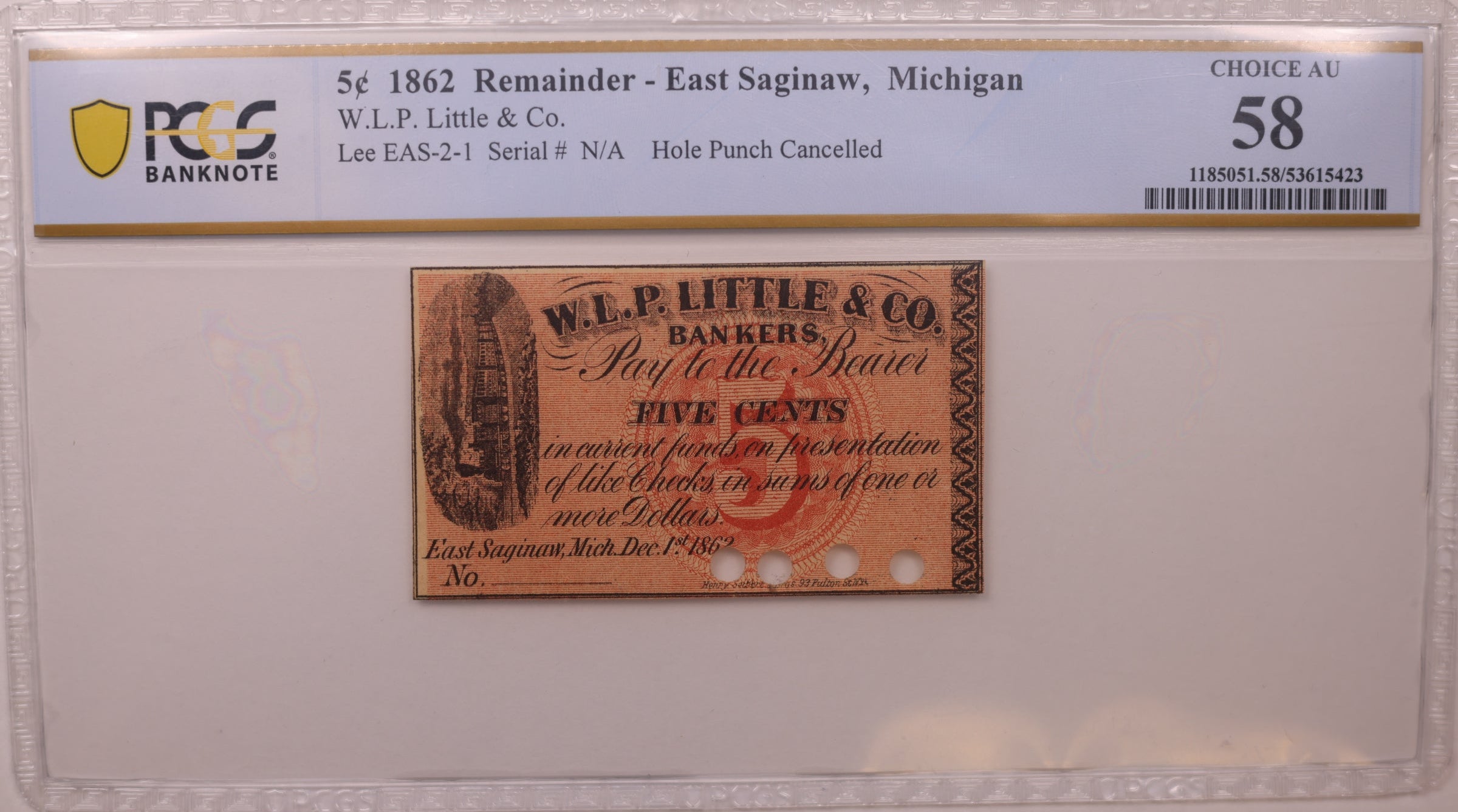 1862 5C Remainder-East Saginaw, MI, Lee EAS-2-1, PCGS Choice AU-58, STORE #GMI161