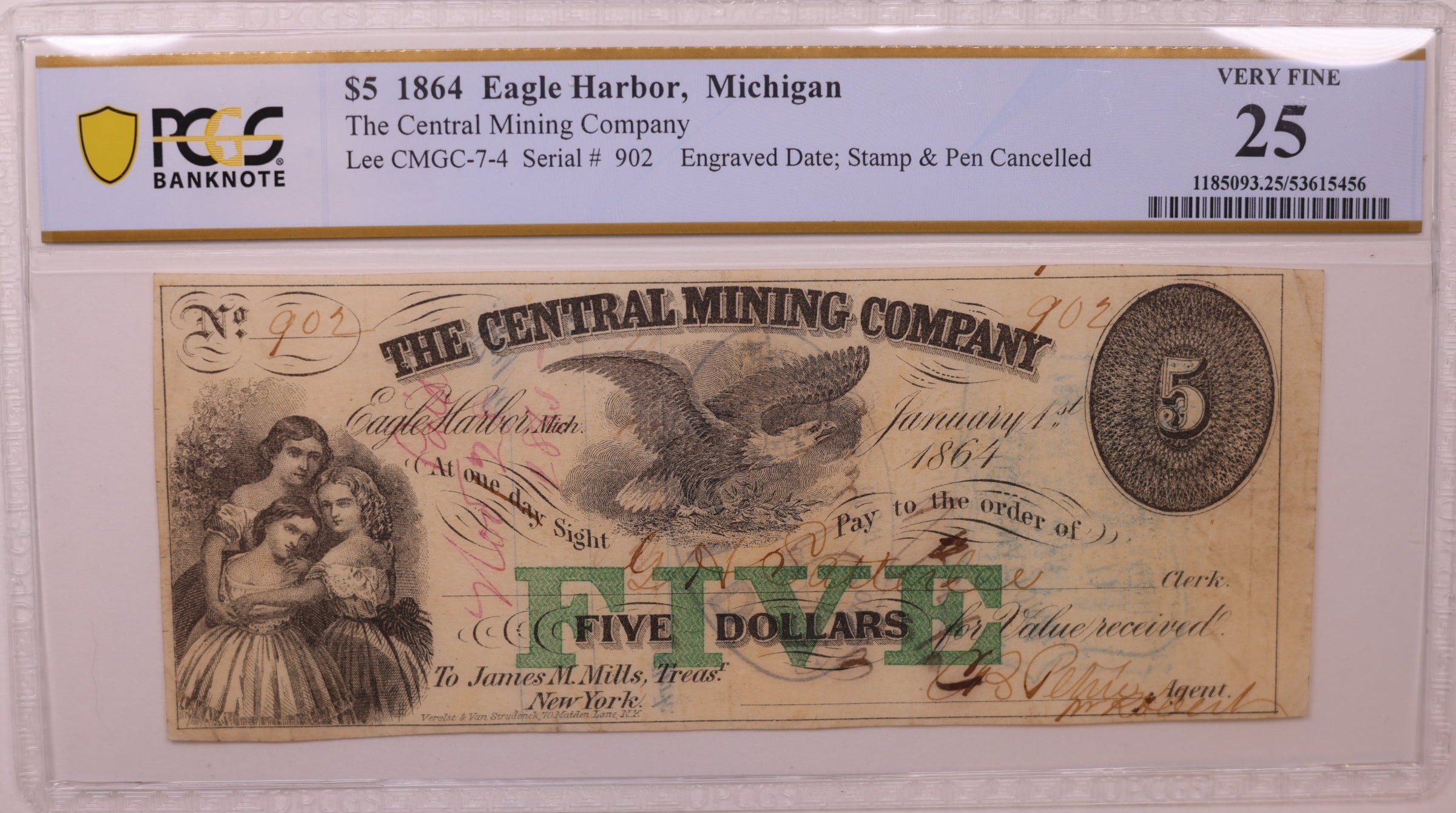 1864 $5 Eagle Harbor, MI, Lee CMGC-7-4, PCGS VF-25, STORE #GMI162