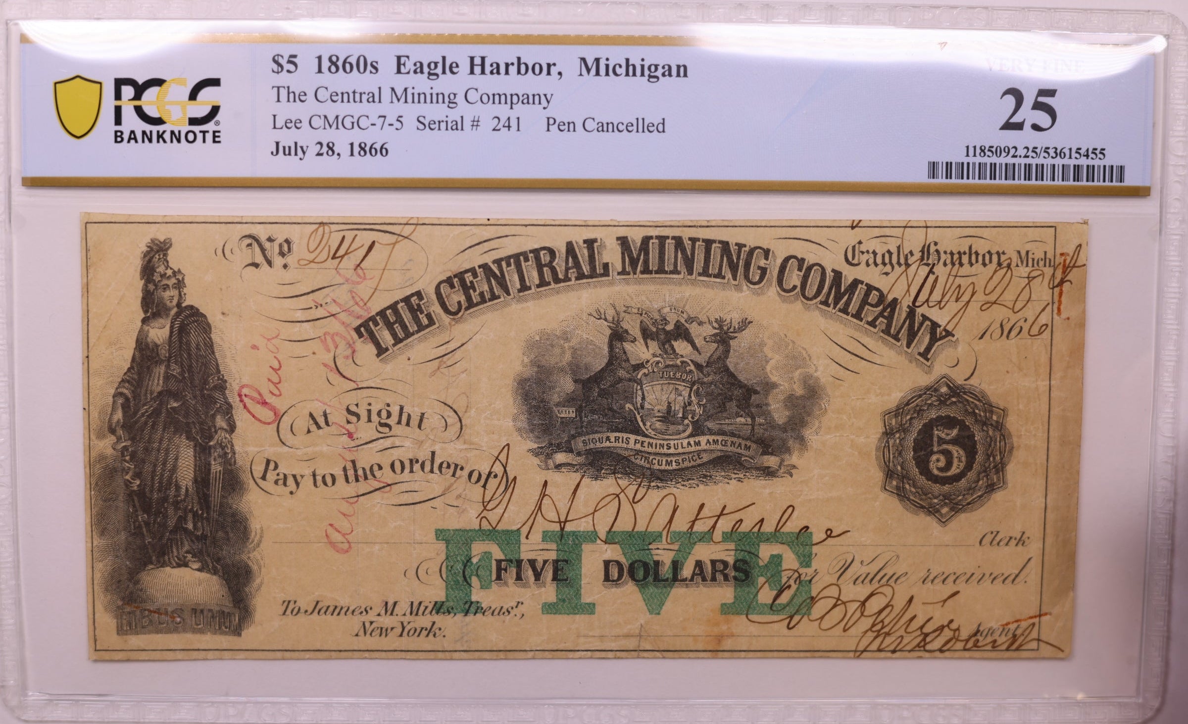 1860s $5 Eagle Harbor, MI, Lee CMGC-7-5, PCGS VF-25, STORE #GMI163