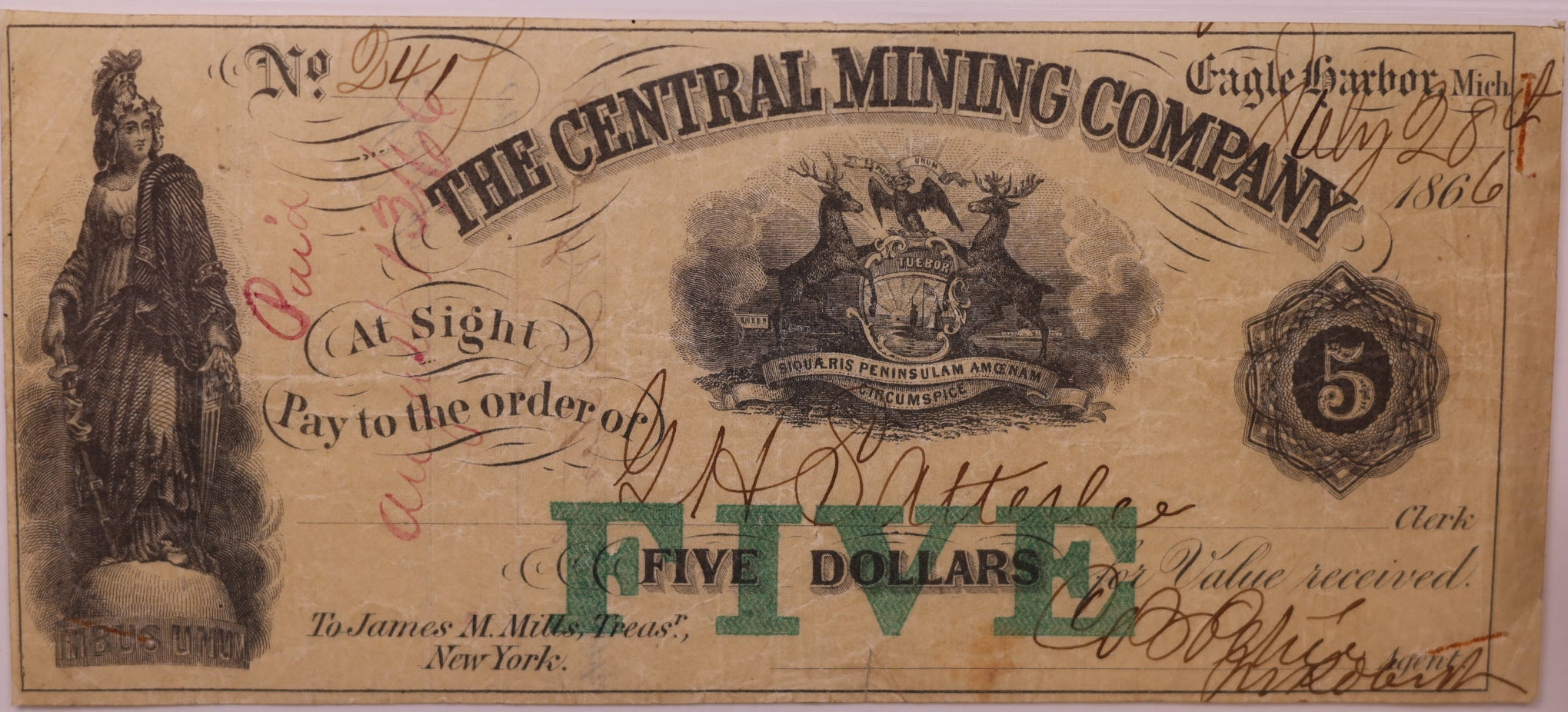 1860s $5 Eagle Harbor, MI, Lee CMGC-7-5, PCGS VF-25, STORE #GMI163