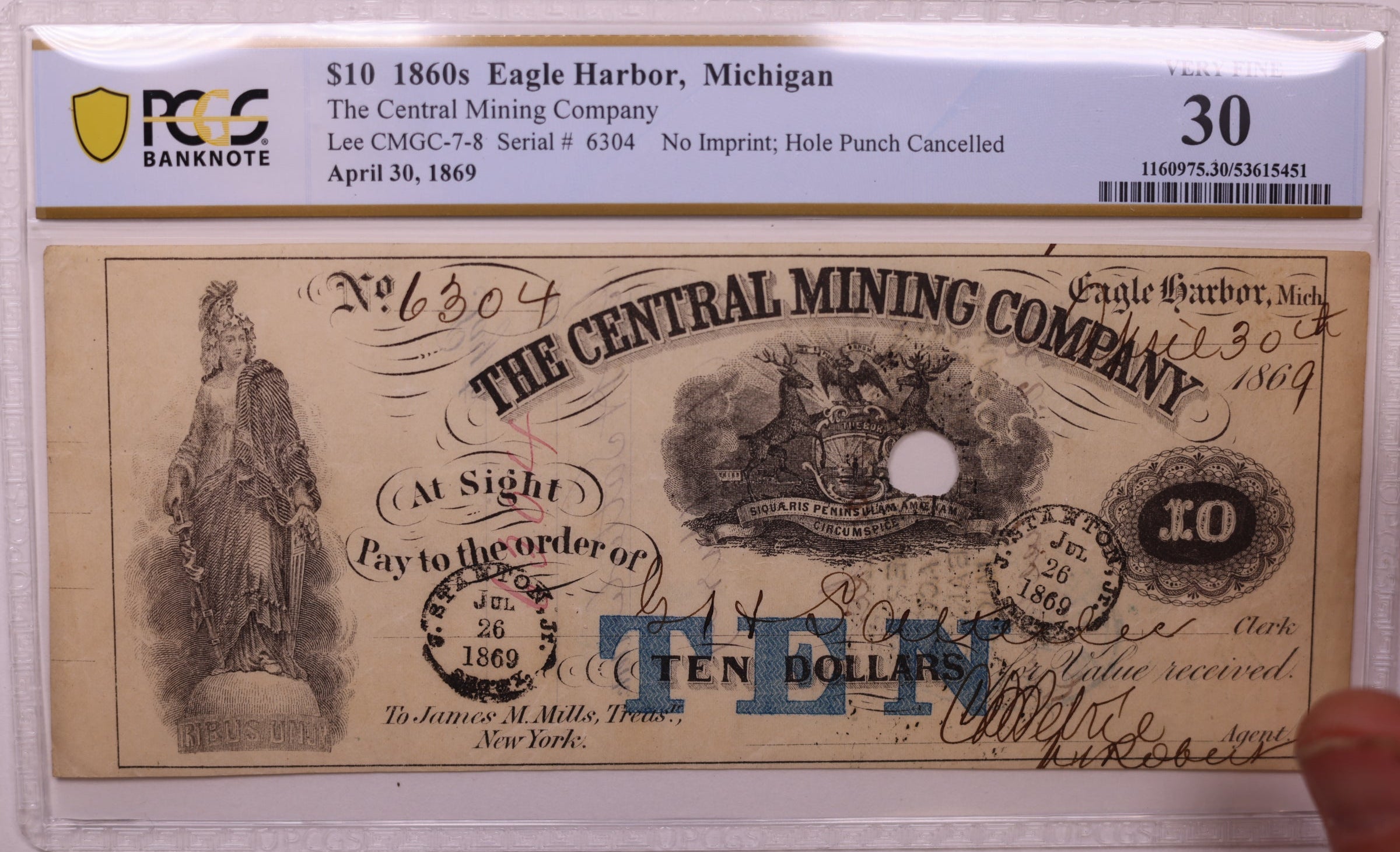 1860s $10 Eagle Harbor, MI, Lee CMGC-7-8, PCGS VF-30, STORE #GMI164
