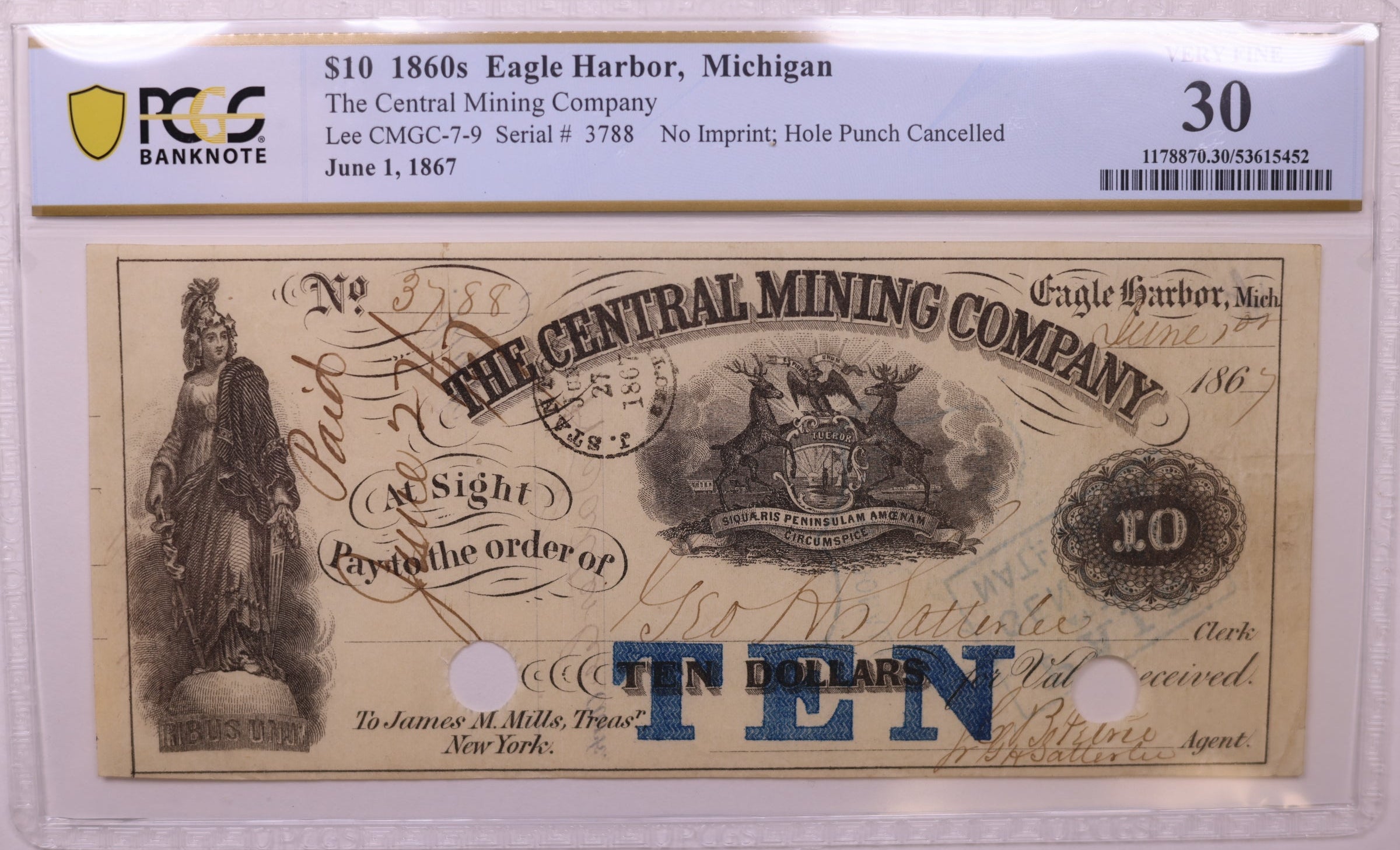 1860s $10 Eagle Harbor, MI, Lee CMGC-7-9, PCGS VF-30, STORE #GMI165