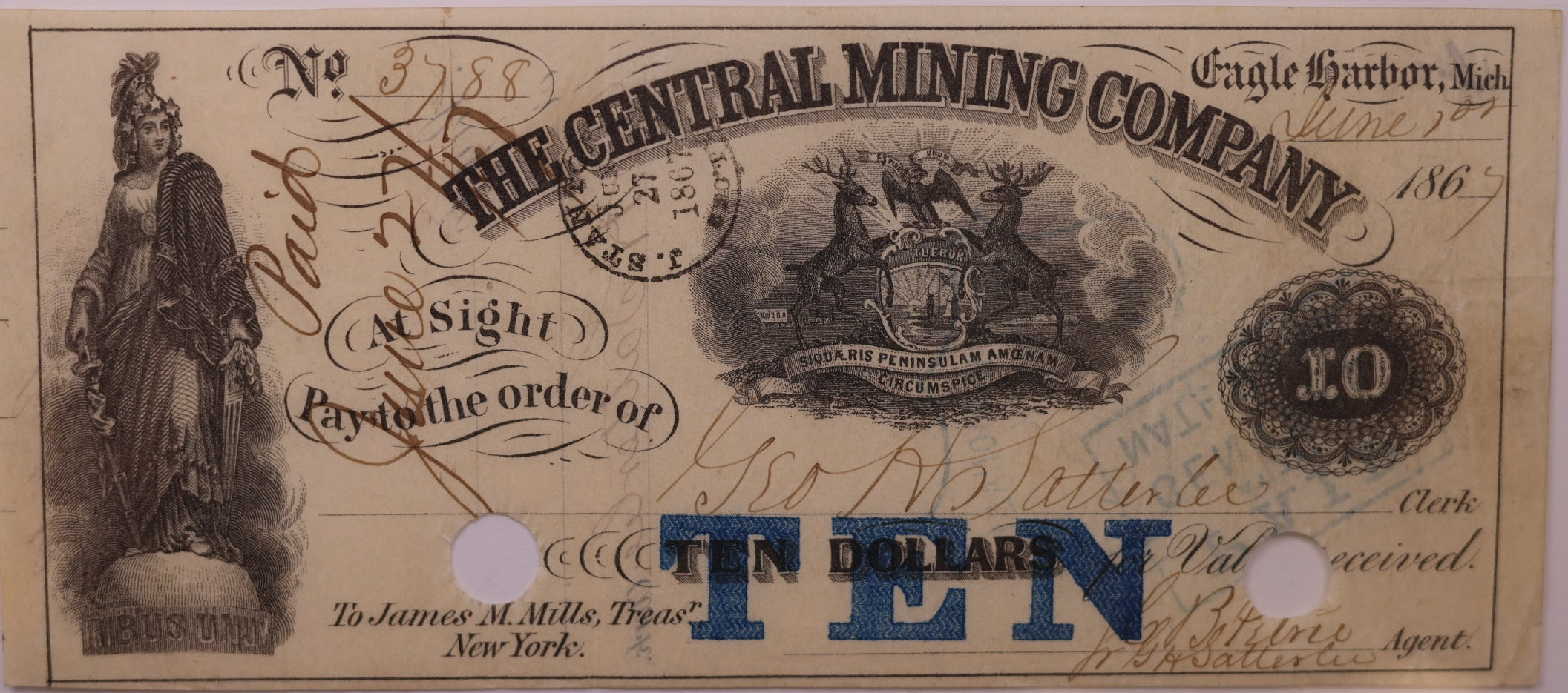 1860s $10 Eagle Harbor, MI, Lee CMGC-7-9, PCGS VF-30, STORE #GMI165