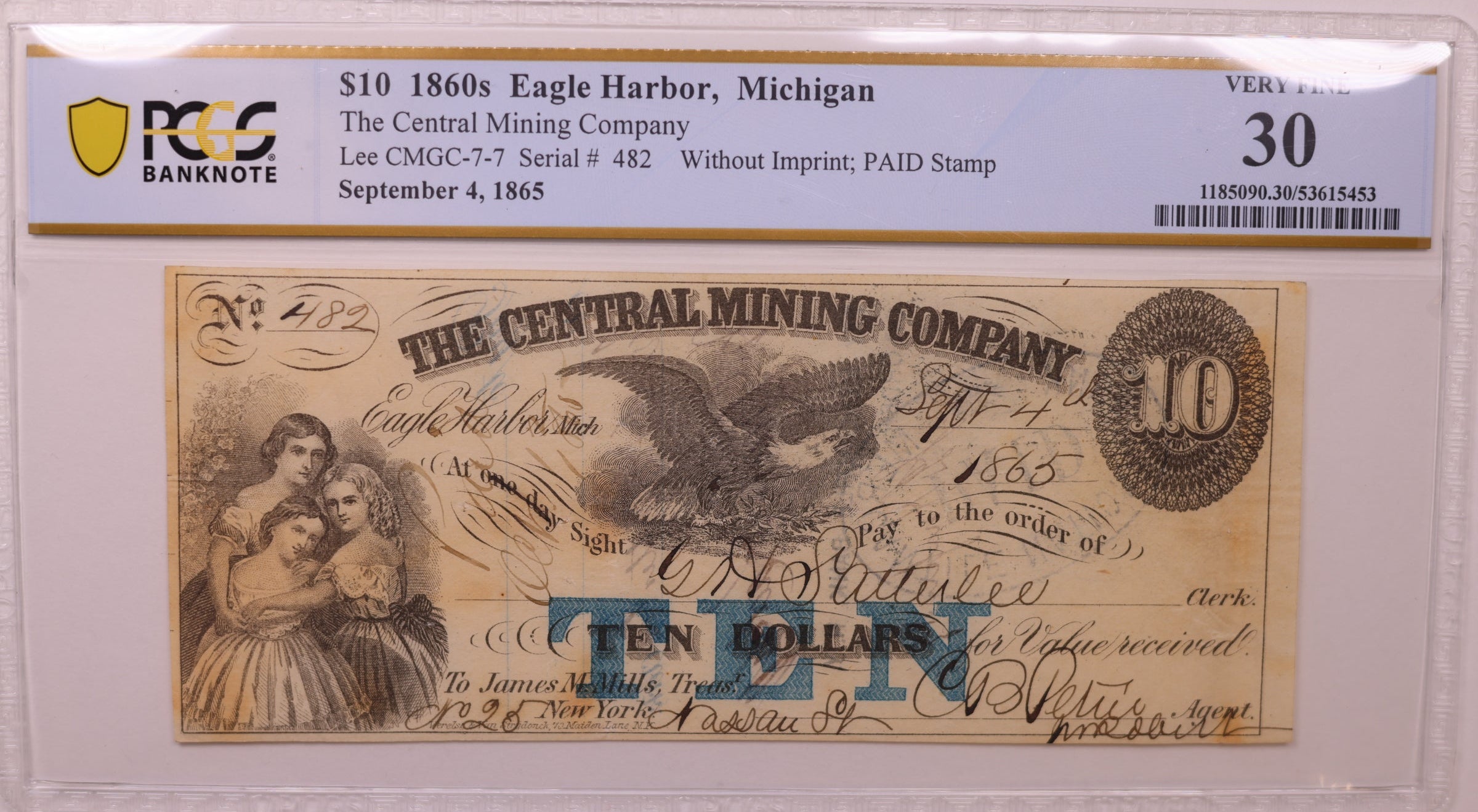 1860s $10 Eagle Harbor, MI, Lee CMGC-7-7, PCGS VF-30, STORE #GMI166