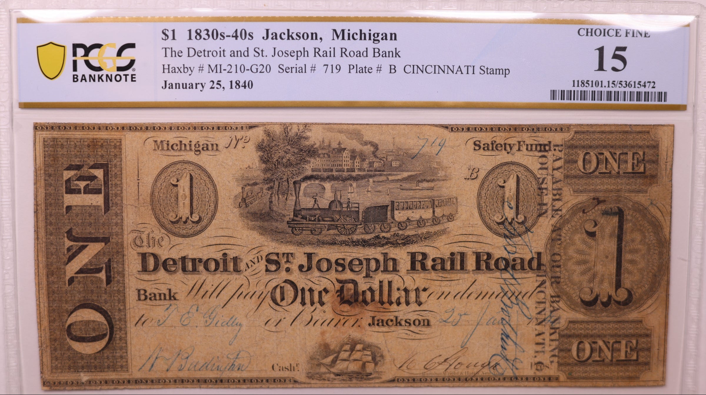1830s-40s $1 Jackson, MI, Haxby # MI-210-G20, PCGS Choice F-15, STORE #GMI168