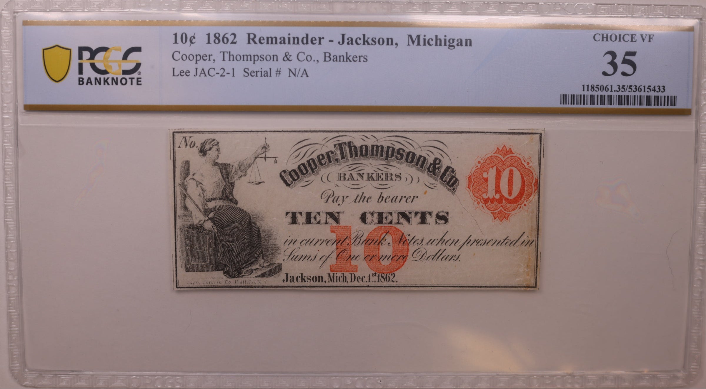 1862 10C Remainder-Jackson, MI, Lee JAC-2-1, PCGS Choice VF-35, STORE #GMI169