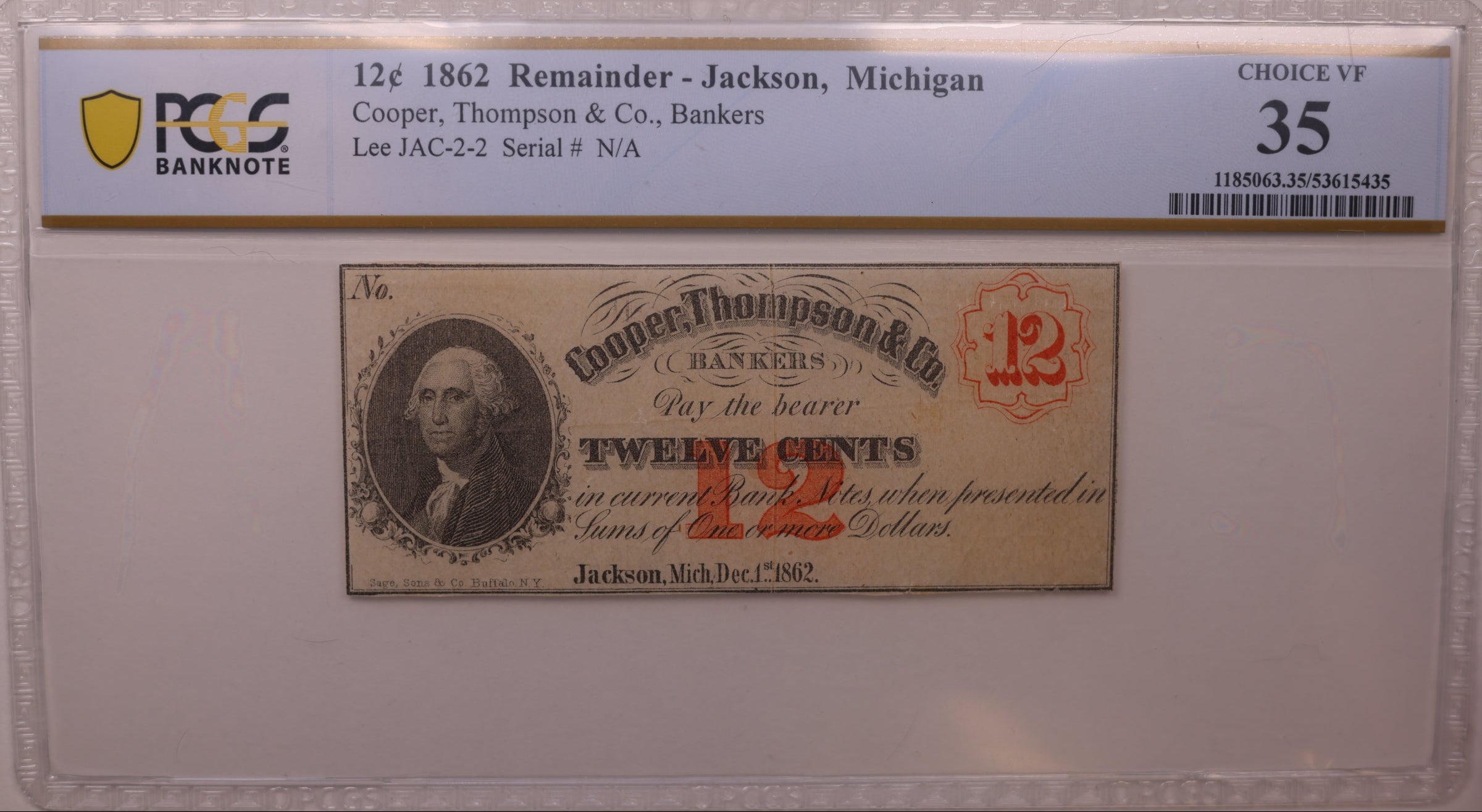 1862 12C Remainder-Jackson, MI, Lee JAC-2-2, PCGS Choice VF-35, STORE #GMI170