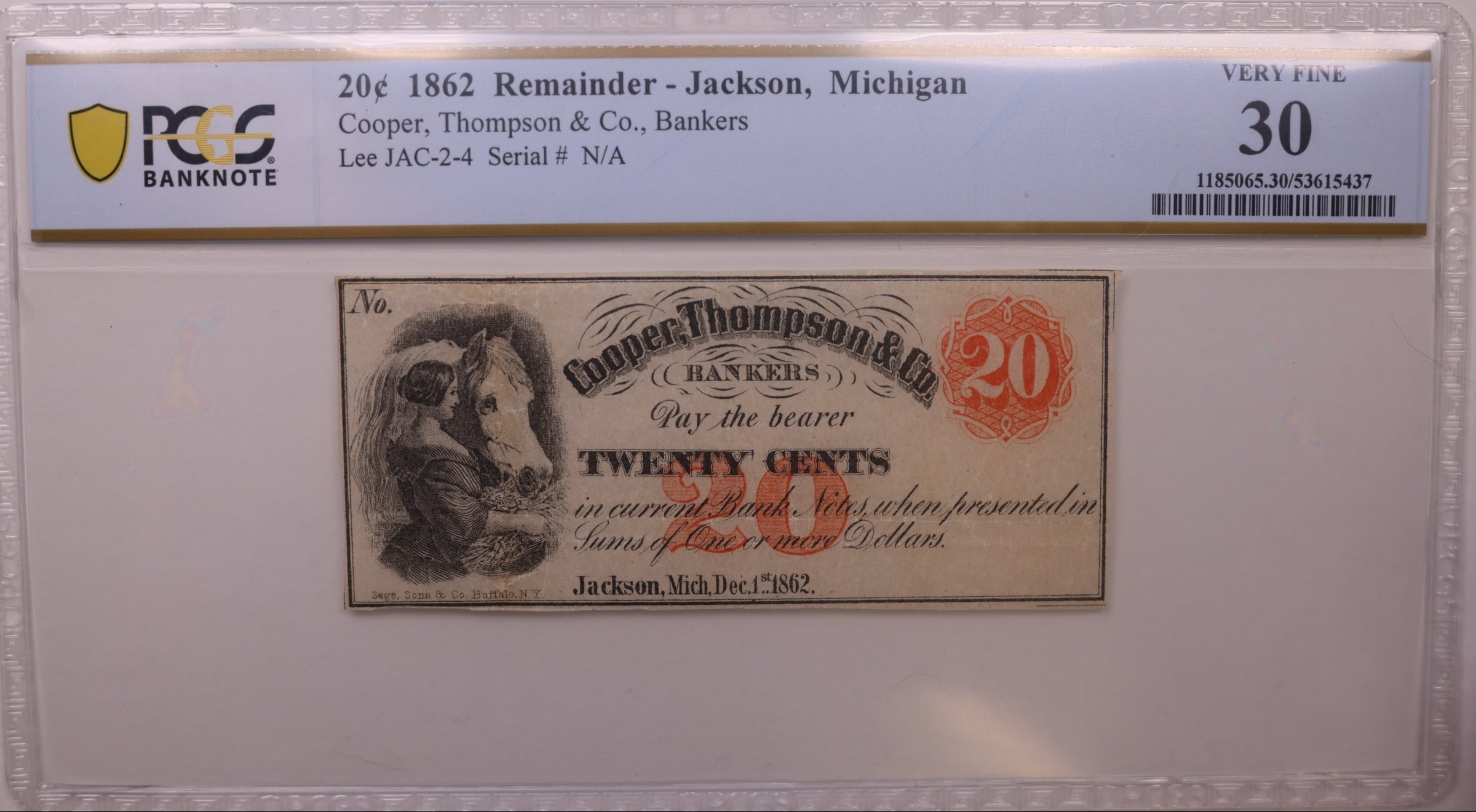 1862 20C Remainder-Jackson, MI, Lee JAC-2-4, PCGS VF-30, STORE #GMI172