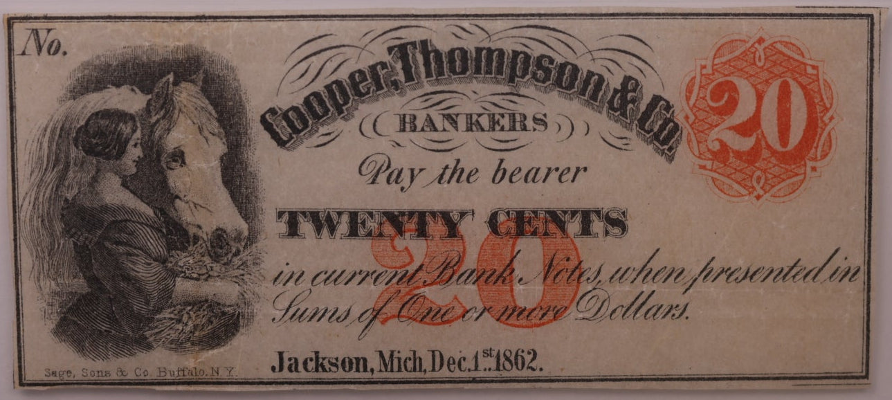 1862 20C Remainder-Jackson, MI, Lee JAC-2-4, PCGS VF-30, STORE #GMI172