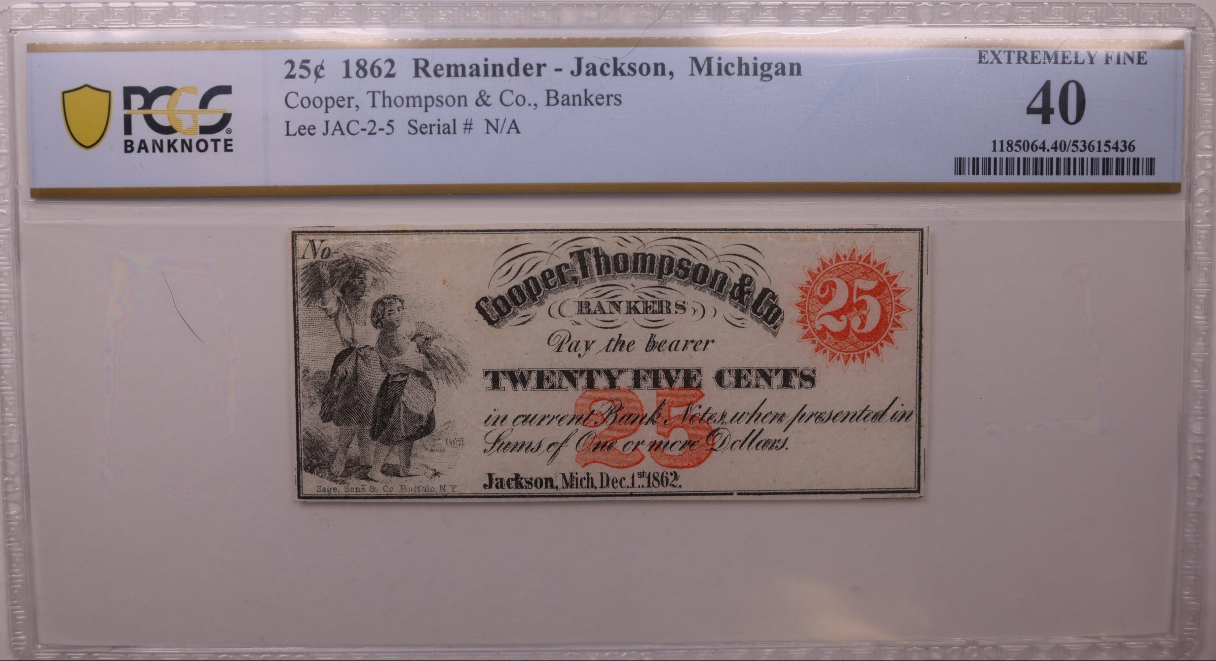 1862 25C Remainder-Jackson, MI, Lee JAC-2-5, PCGS XF-40, STORE #GMI173