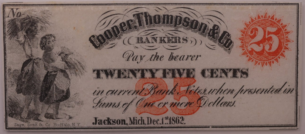 1862 25C Remainder-Jackson, MI, Lee JAC-2-5, PCGS XF-40, STORE #GMI173