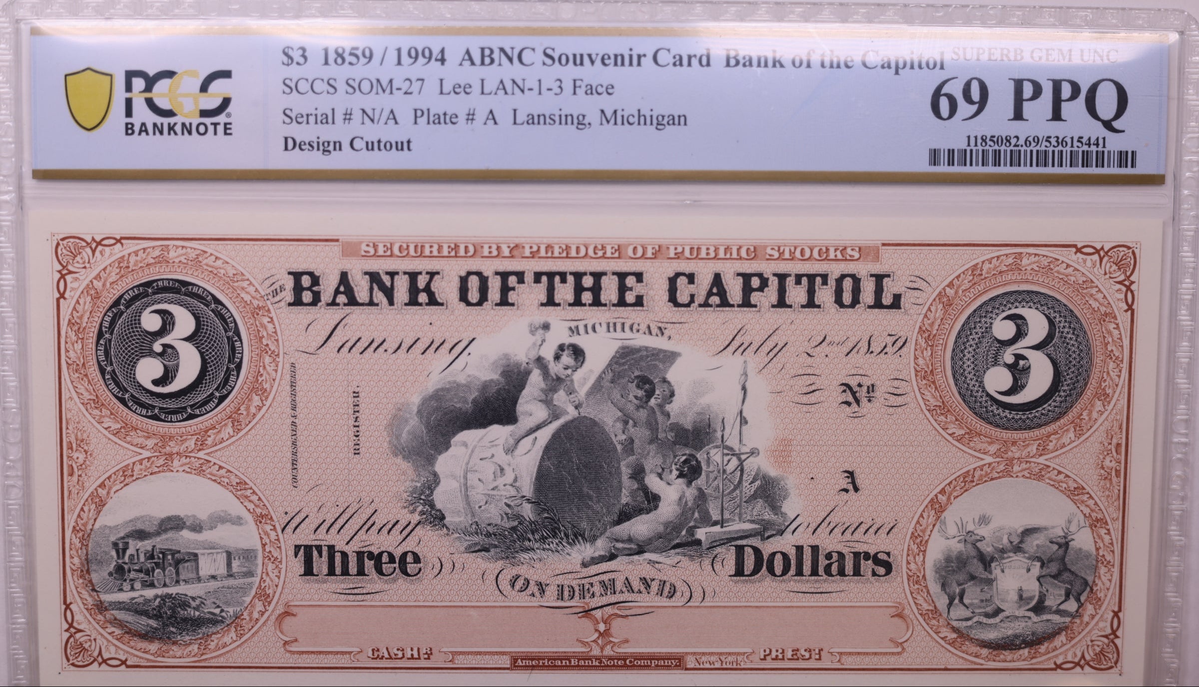 1859/1994 $3, Lansing, MI, Lee LAN-1-3 Face, PCGS GEM UNC-69 PPQ, STORE #GMI174