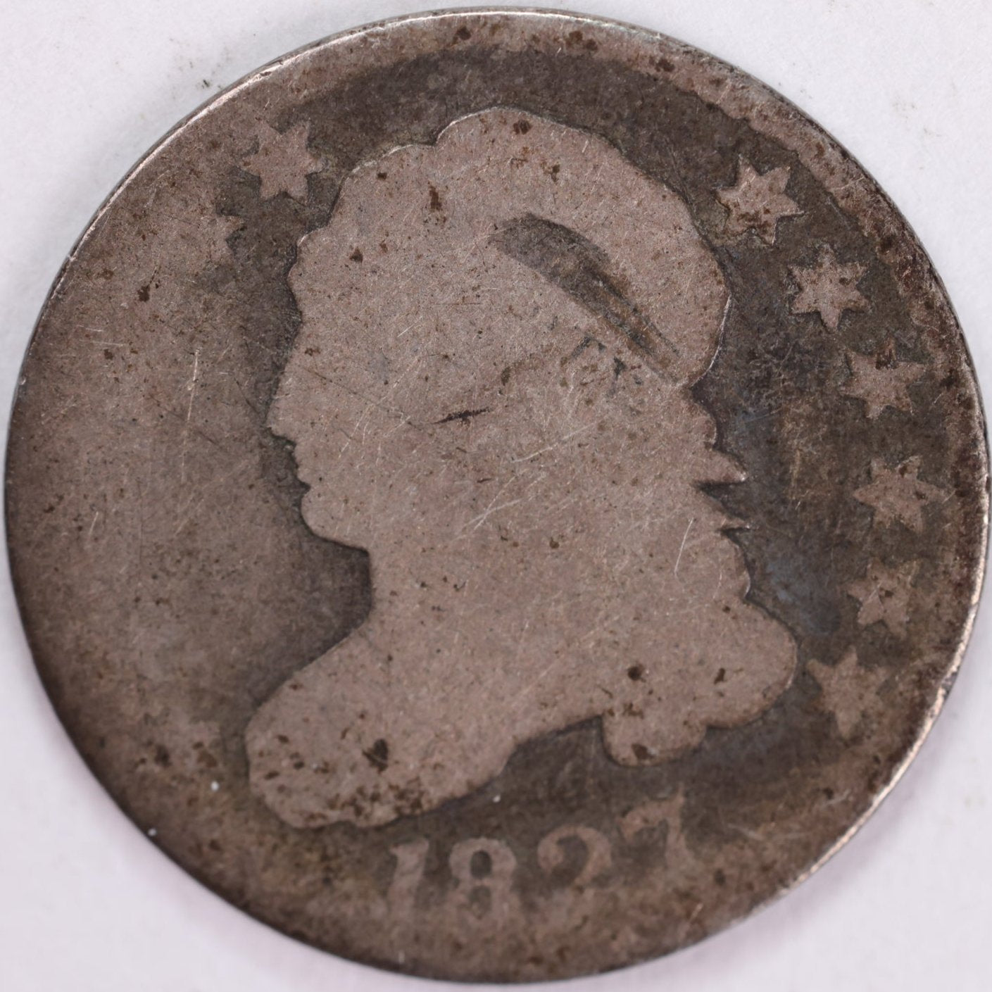 1827 Cap Bust Silver Dime, About Good Circulated Coin, Store #d827.02
