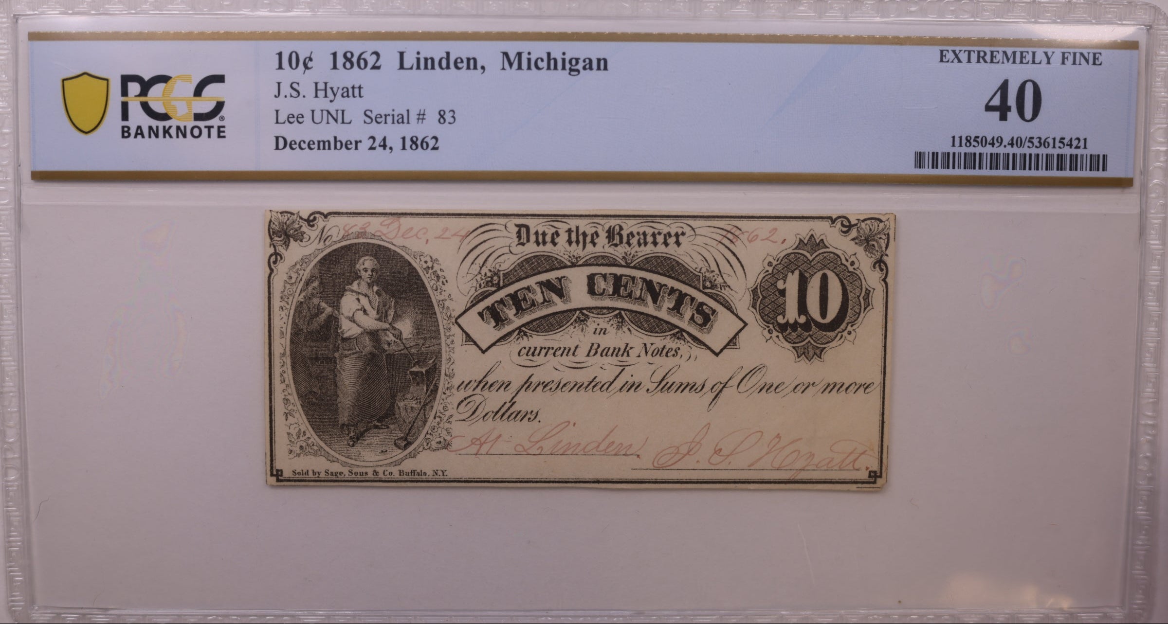1862 10C Linden, MI, Lee UNL Serial #83, PCGS XF-40, STORE #GMI176