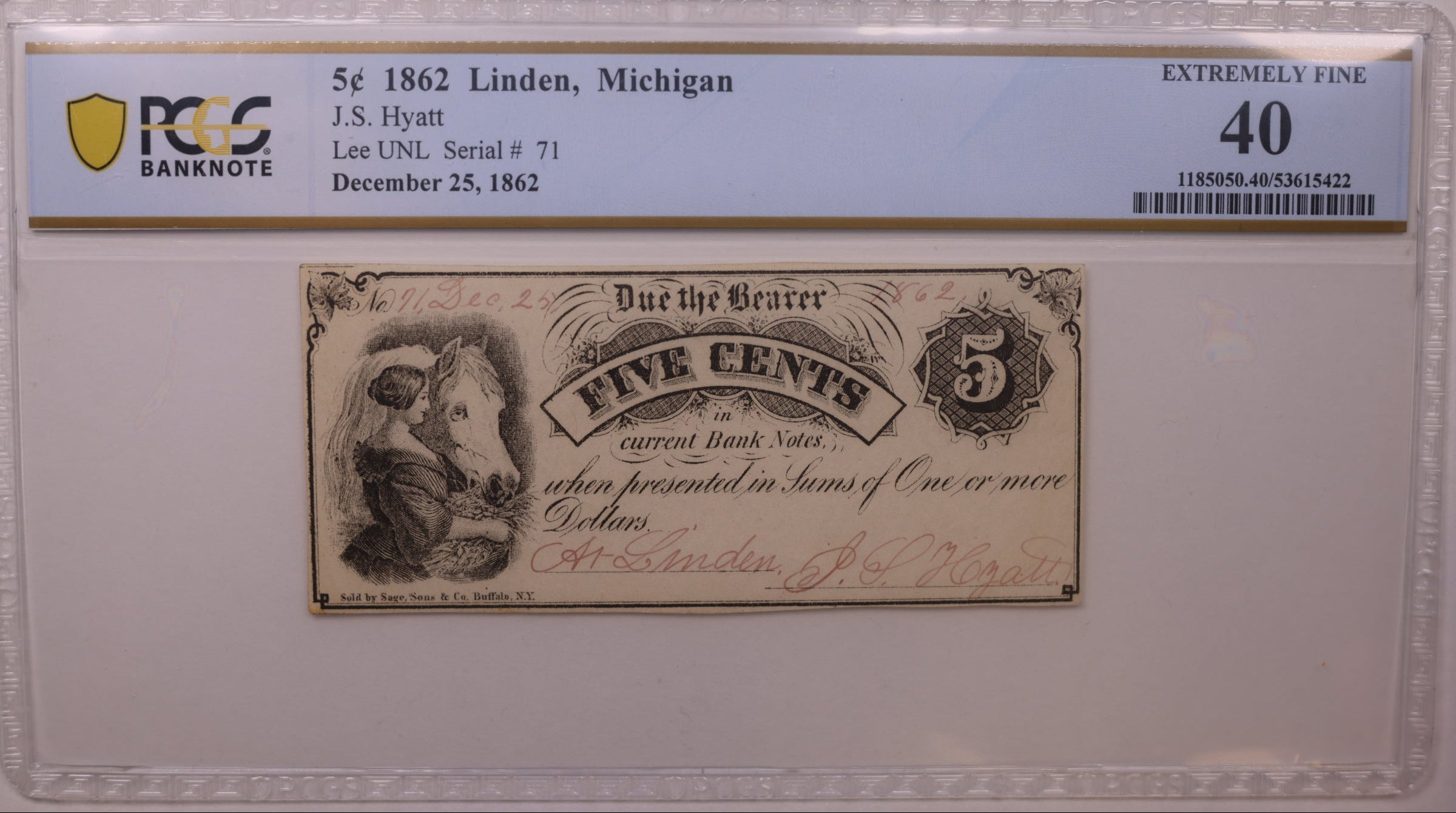 1862 5C Linden, MI, Lee UNL Serial #71, PCGS XF-40, STORE #GMI177