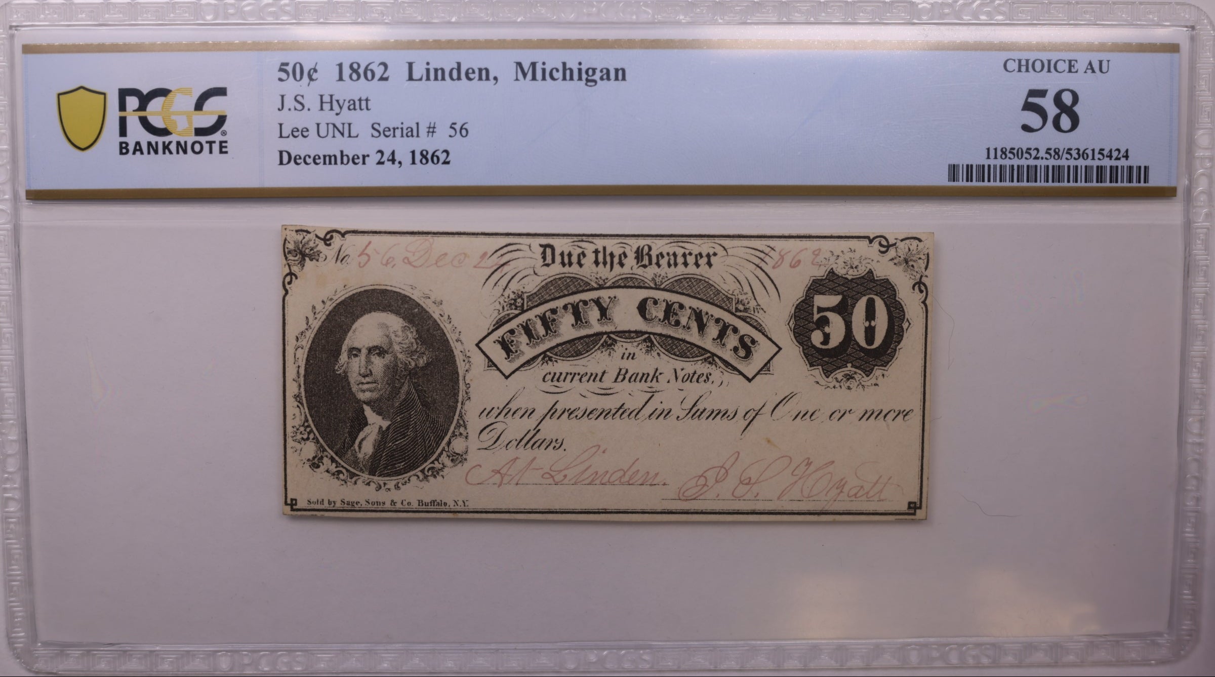 1862 50C Linden, MI, Lee UNL Serial #56, PCGS Choice AU-58, STORE #GMI178