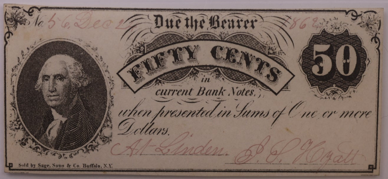 1862 50C Linden, MI, Lee UNL Serial #56, PCGS Choice AU-58, STORE #GMI178