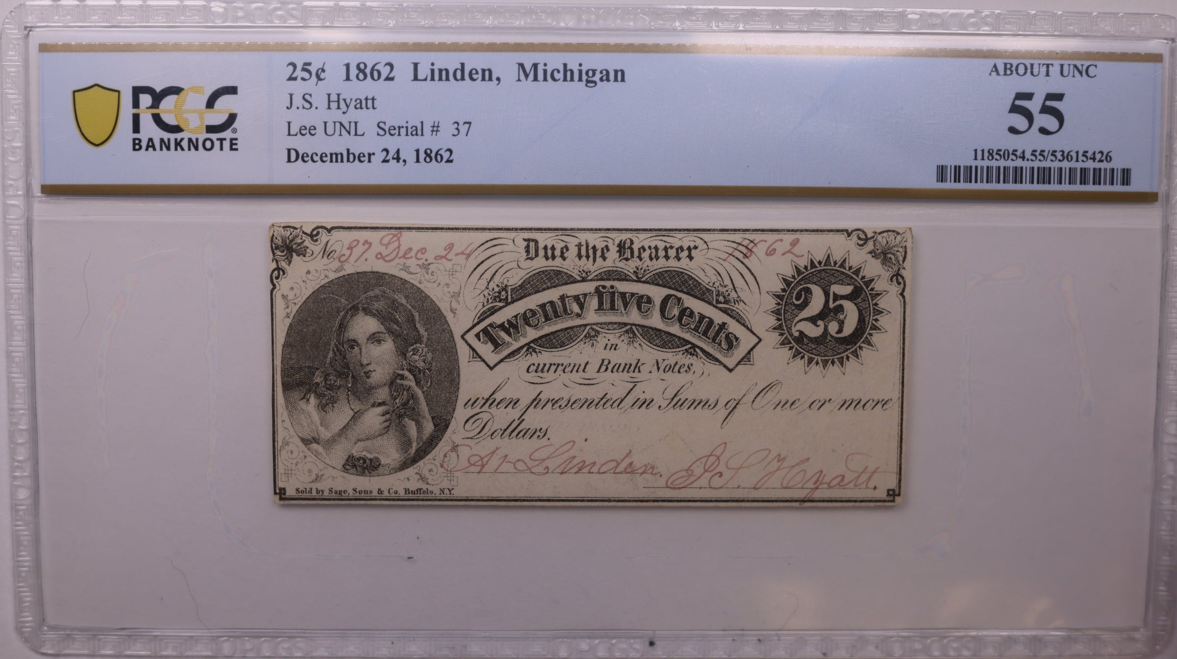 1862 25C Linden, MI, Lee UNL Serial #37, PCGS AU-55, STORE #GMI179