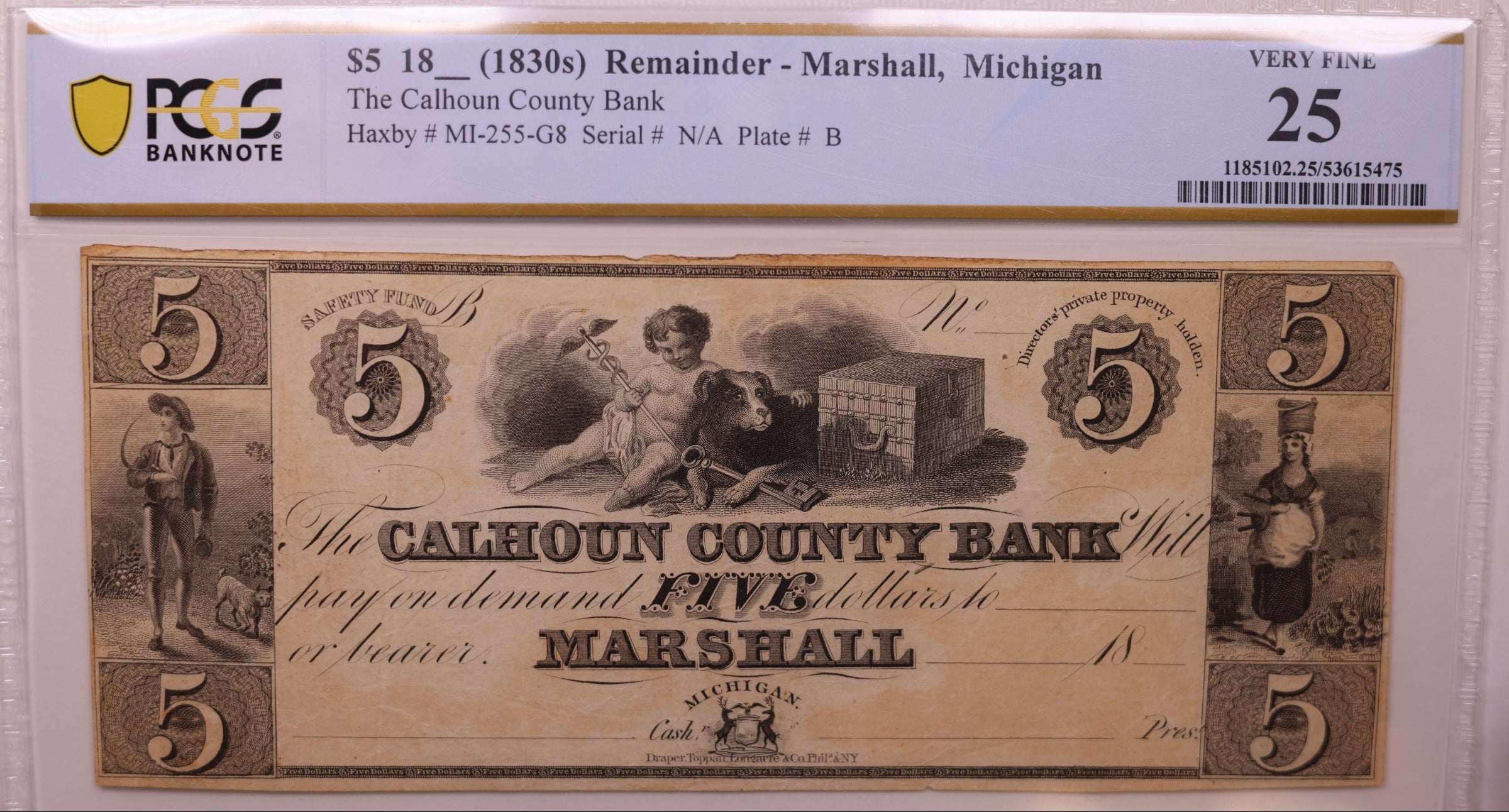 18__ $5 Remainder-Marshall, MI, Haxby #MI-255-G8, PCGS VF-25, STORE #GMI181