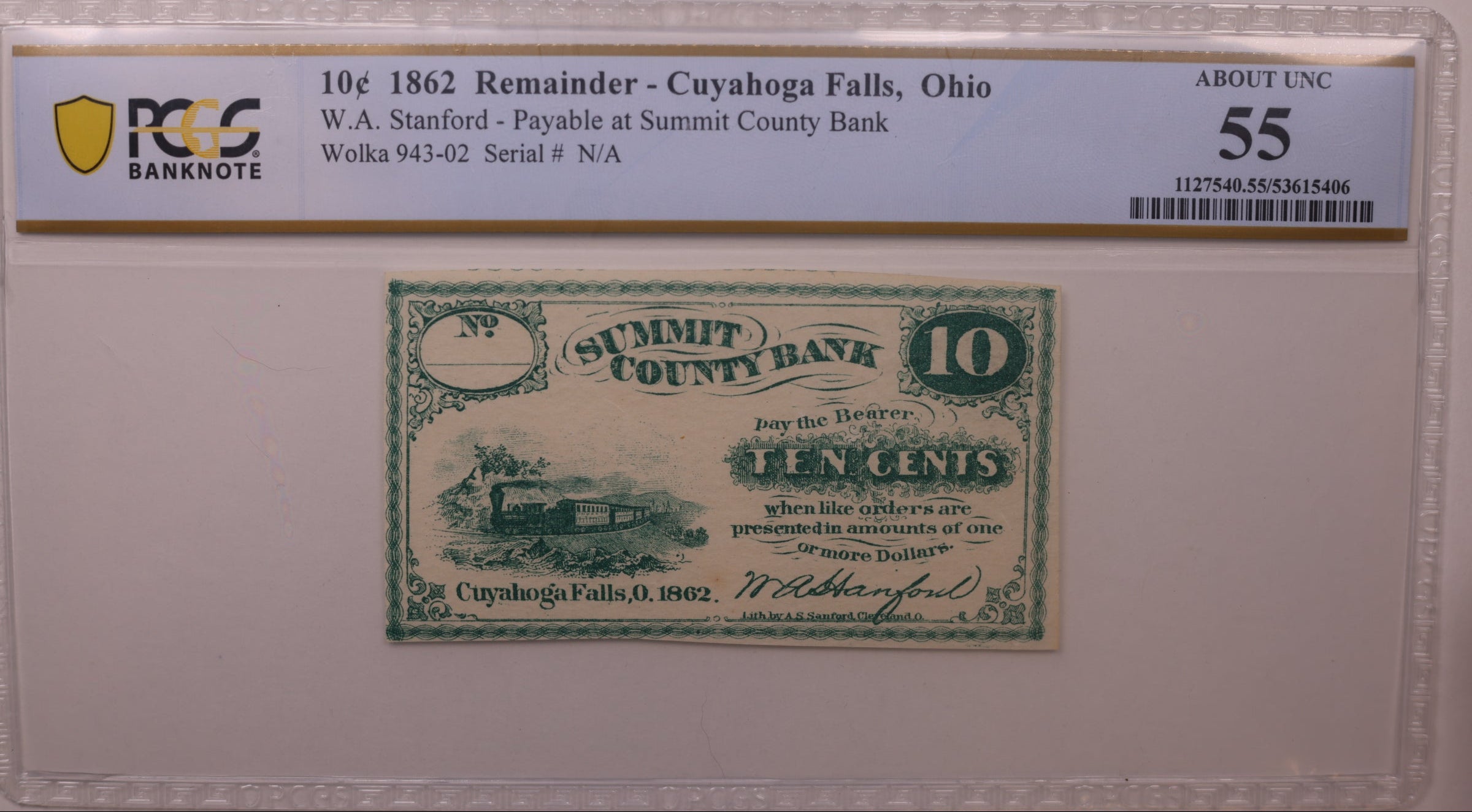 1862 10 Cent Cuyahoga Falls, OH, Wolka 943-02 PCGS About UNC-55, Store #GOH014