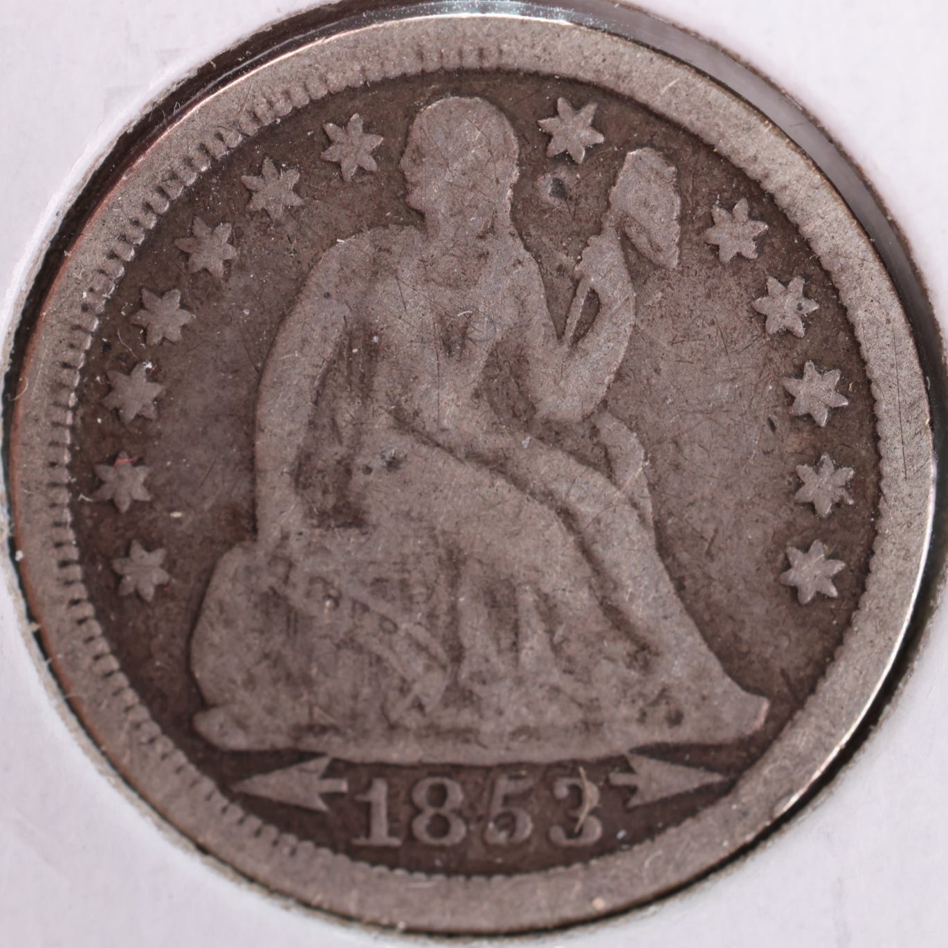 1853 Seated Liberty Silver Dime, Fine Circulated Coin, Store #d853.07