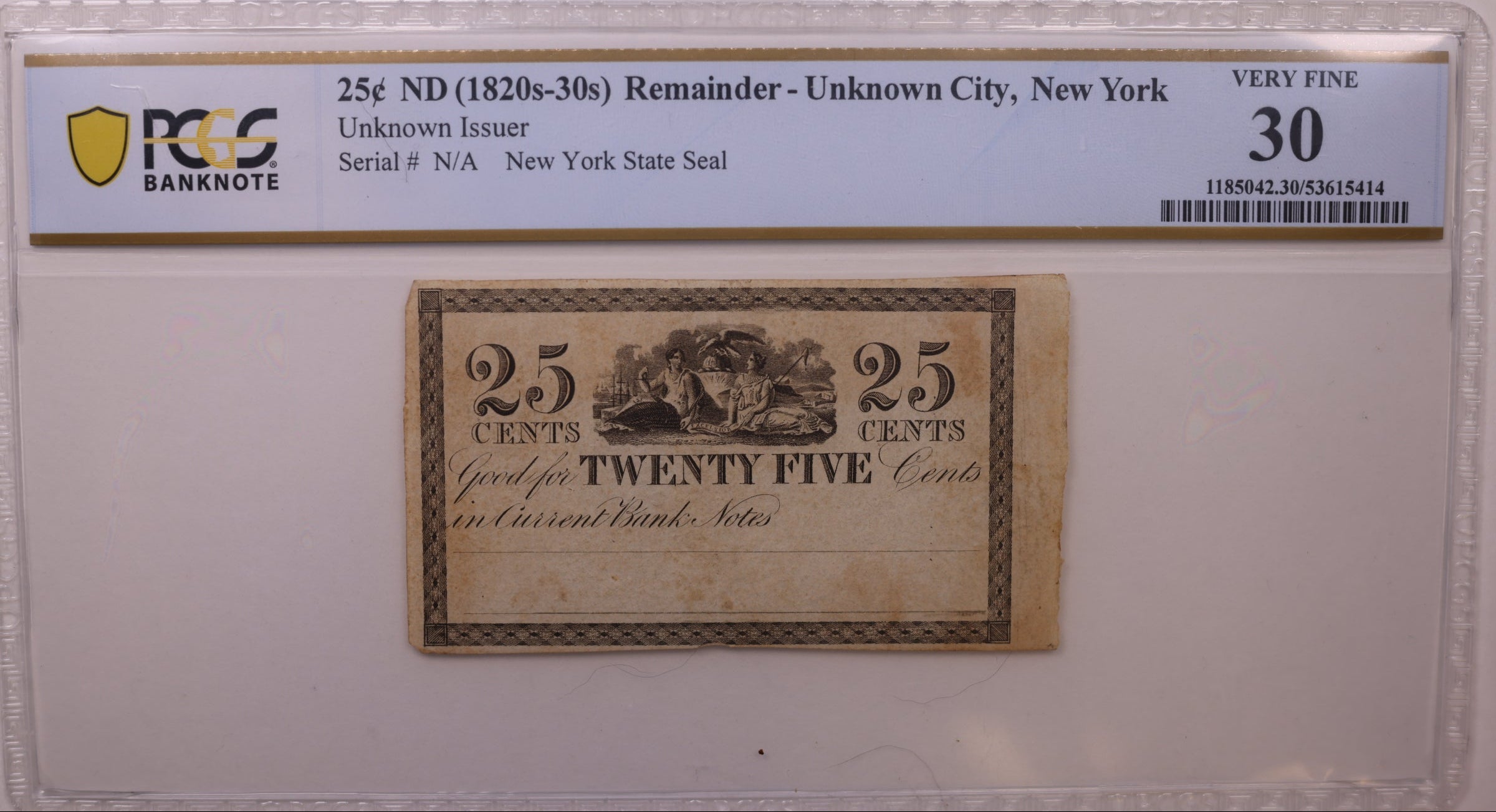 1820s-30s 25C Unknown City, N.Y., PCGS VF-15, Obsolete Currency, Store #GNY022