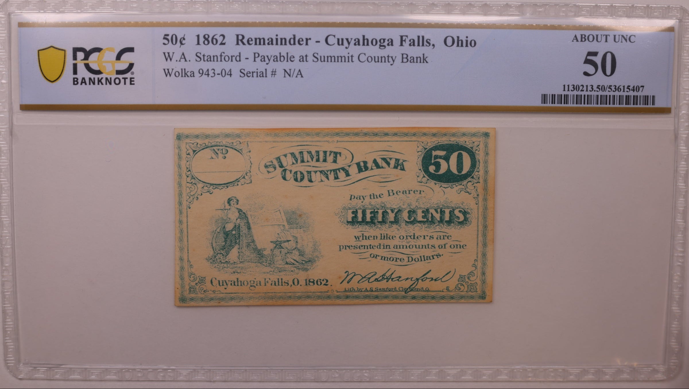 1862 50C Remainder-Cuyahoga Falls, OH, Wolka 943-04, PCGS AU-50, Store #GOH016