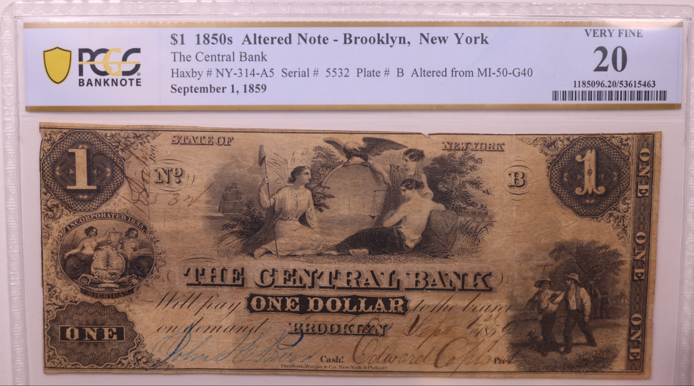 1850s $1 Altered Note-Brooklyn, N.Y., PCGS VF-20, Haxby #NY-314-A5, Store #GNY023