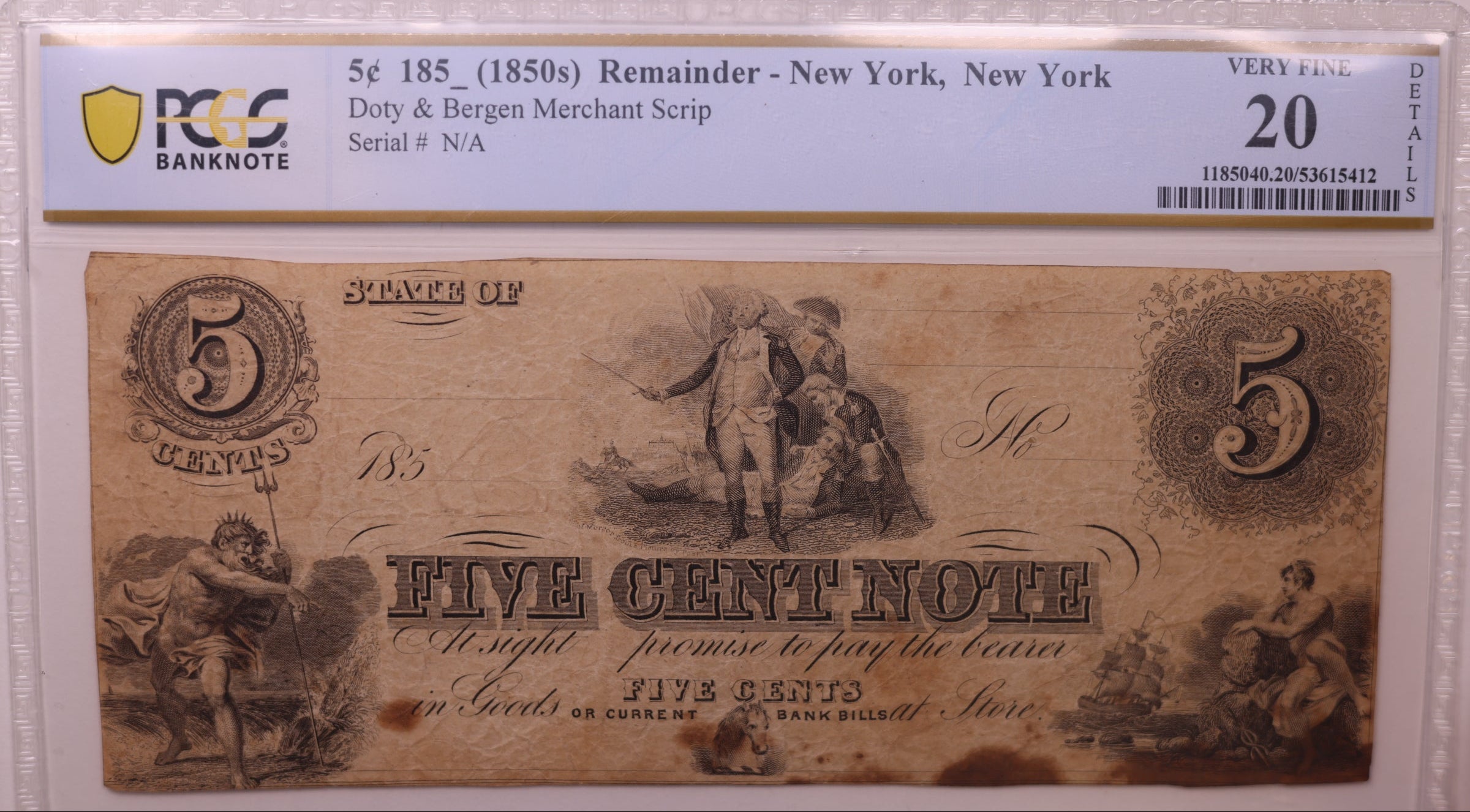 185_ 5C Remainder-New York, N.Y., PCGS VF-20, Obsolete Currency, Store #GNY024