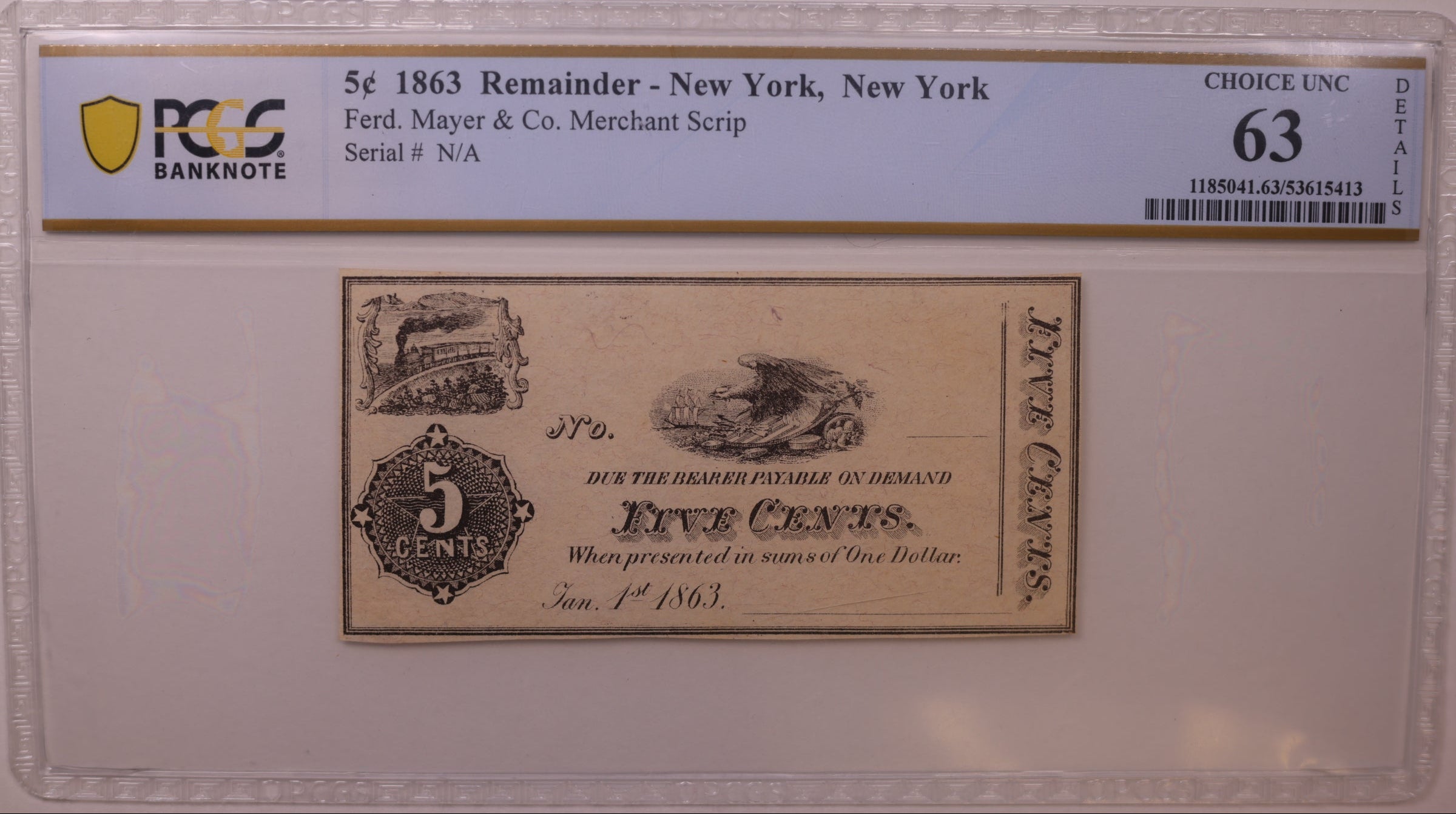 1863 5C Remainder-New York, N.Y., PCGS Choice UNC-63, Store #GNY025