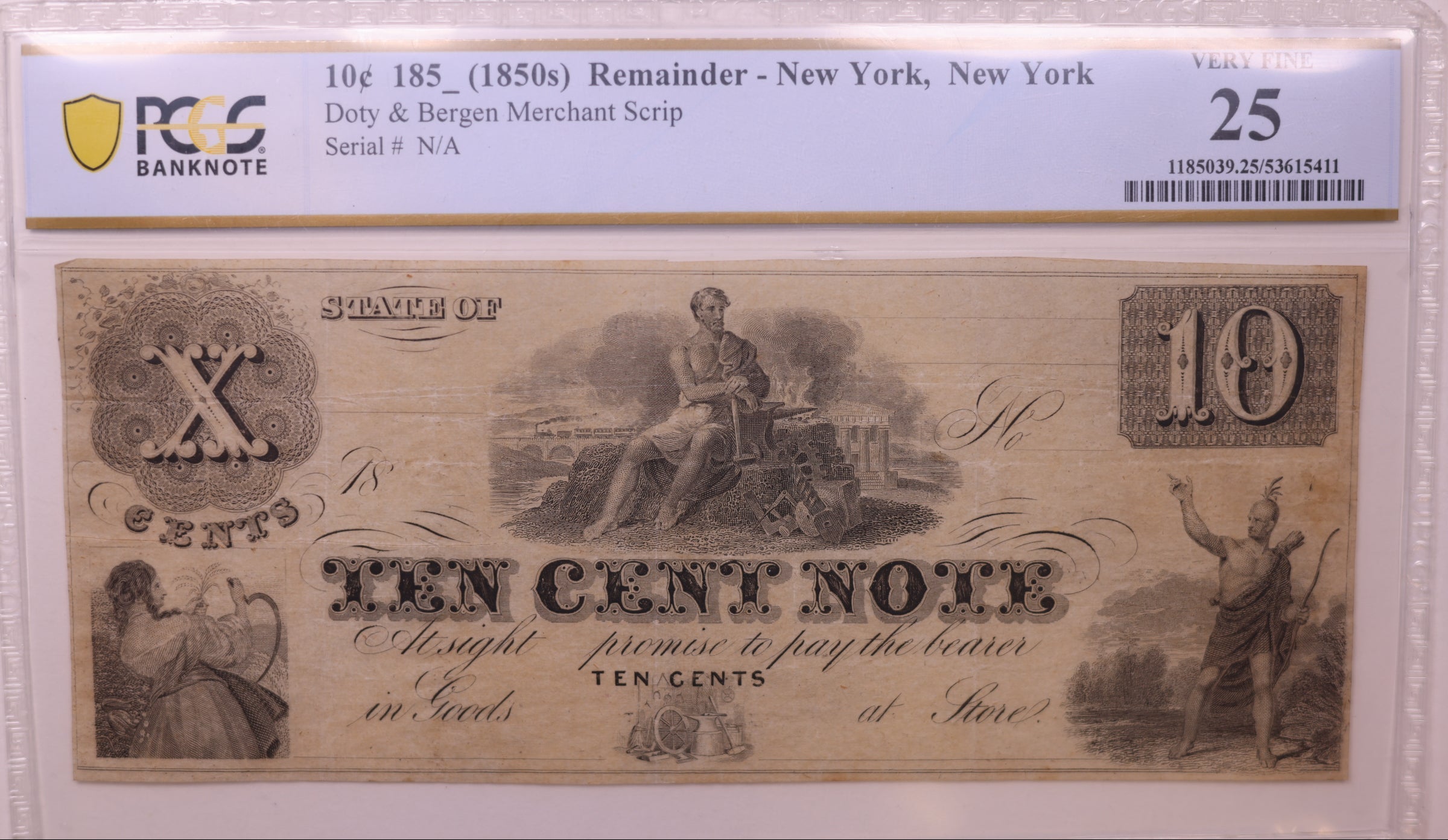 185_ 10C Remainder-New York, N.Y., PCGS VF-25, Obsolete Currency, Store #GNY026
