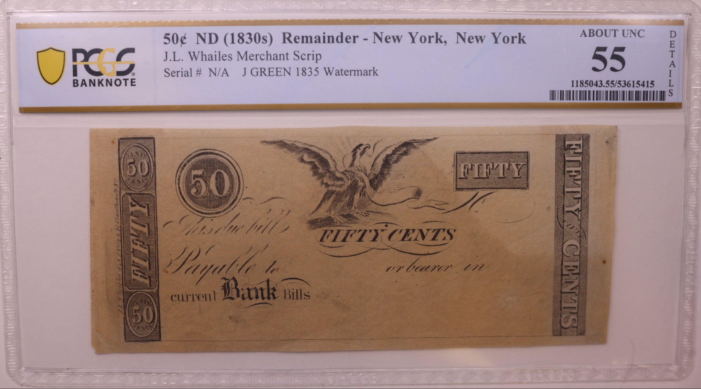 1830s 50C ND Remainder-New York, N.Y., PCGS AU-55, Obsolete Currency, Store #GNY027