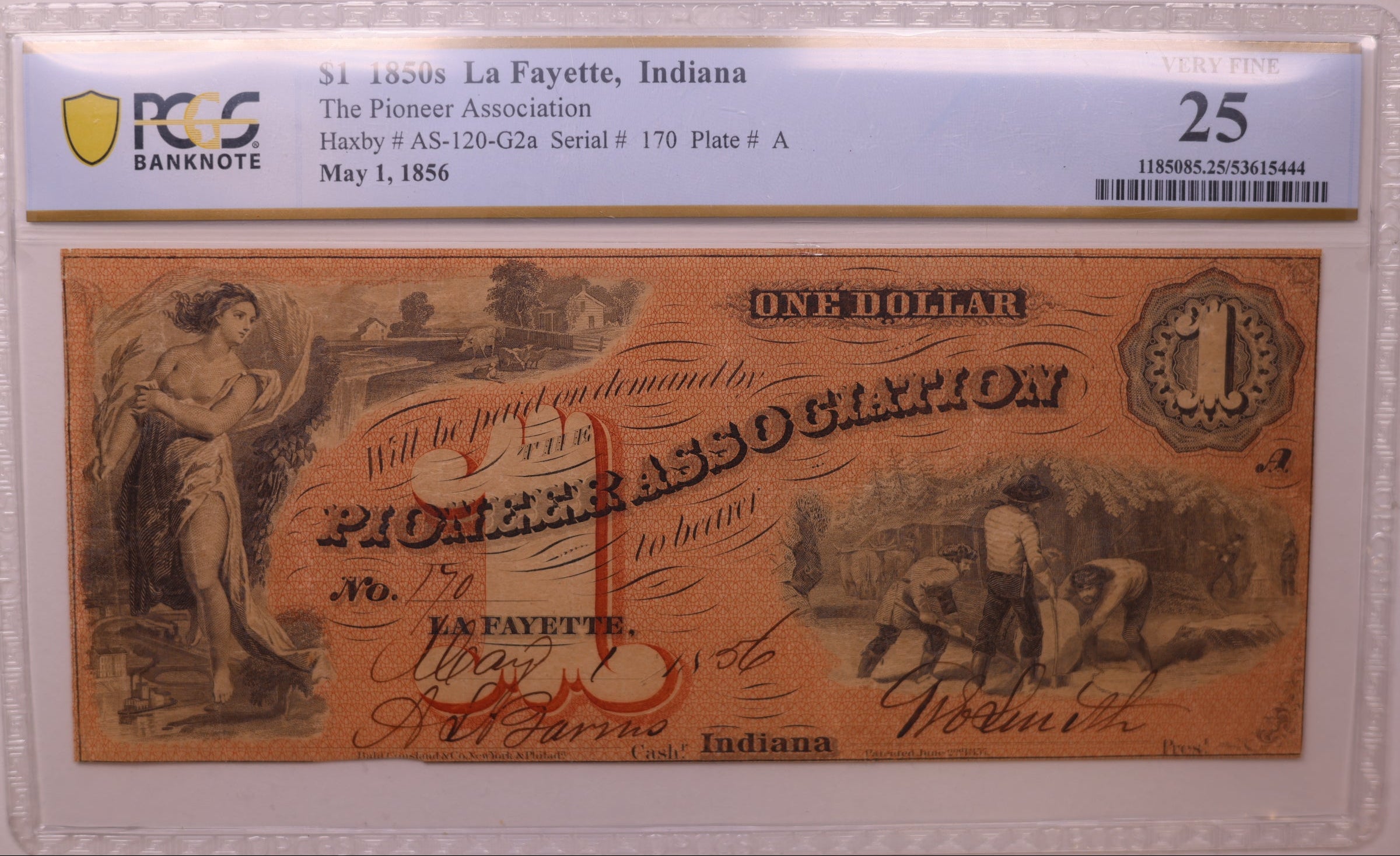 1850s $1 La Fayette, IN., Haxby # AS-120-G2a, PCGS VF-25, STORE #GIN007