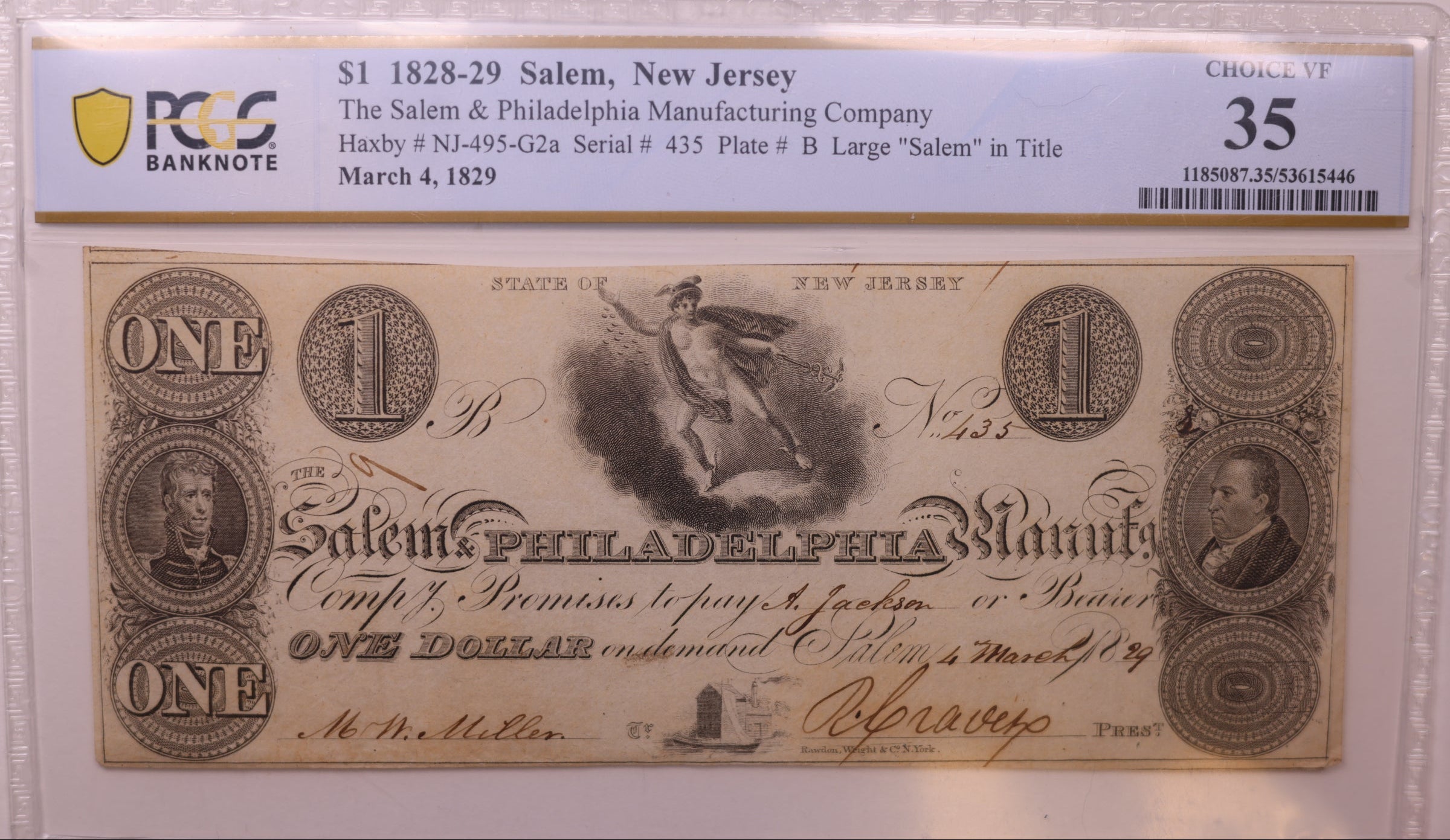 1828-29 $1 Salem, N.J., Haxby #NJ-495-G2a, Obsolete Note, PCGS VF30+, Store #GNJ017