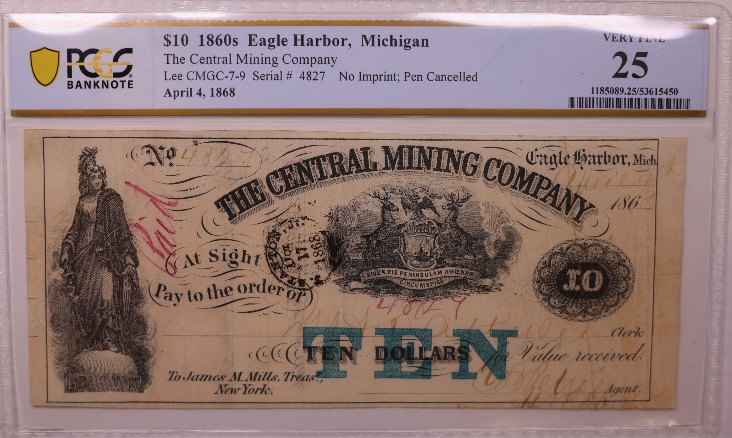 1860s $10 Eagle Harbor, MI, Lee CMGC-7-9, PCGS VF-25, STORE #GMI182