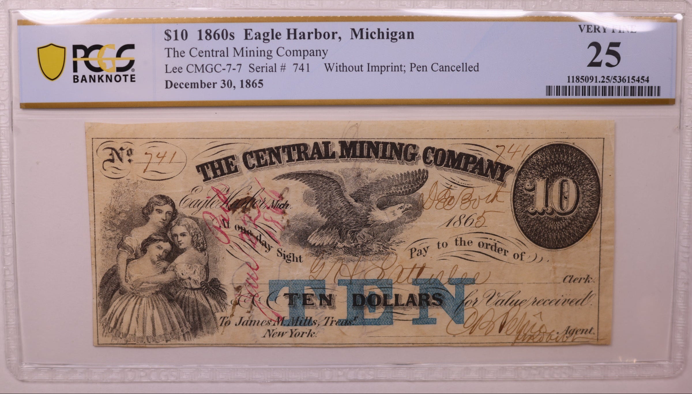 1860s $10 Eagle Harbor, MI, Lee CMGC-7-7, PCGS VF-25, STORE #GMI183
