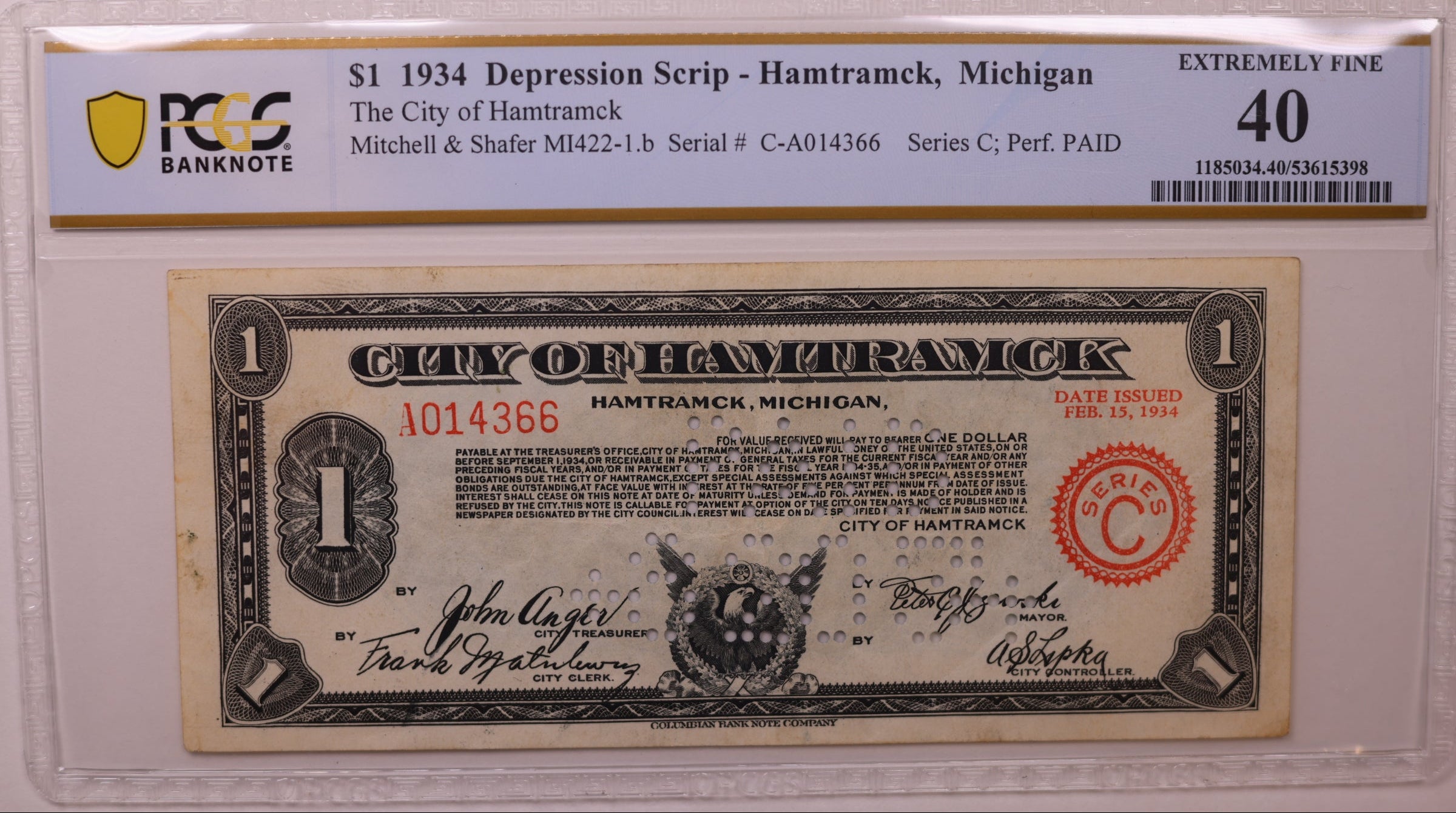 1934 $1 Depression Script-Hamtramck, MI, C-A014366, PCGS VF-25, STORE #GMI184