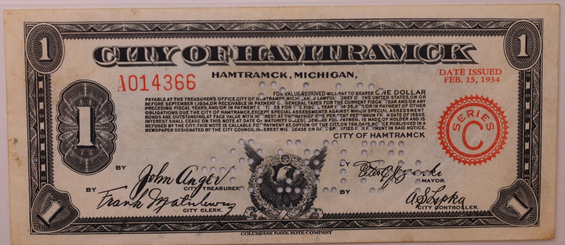 1934 $1 Depression Script-Hamtramck, MI, C-A014366, PCGS VF-25, STORE #GMI184