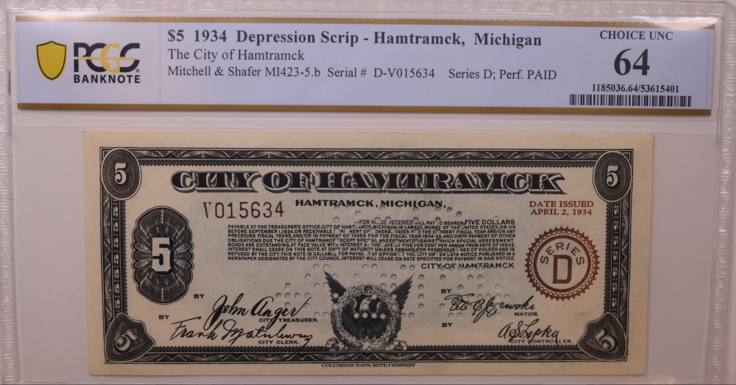 1934 $5 Depression Script-Hamtramck, MI, D-V015634, PCGS UNC-64, STORE #GMI185