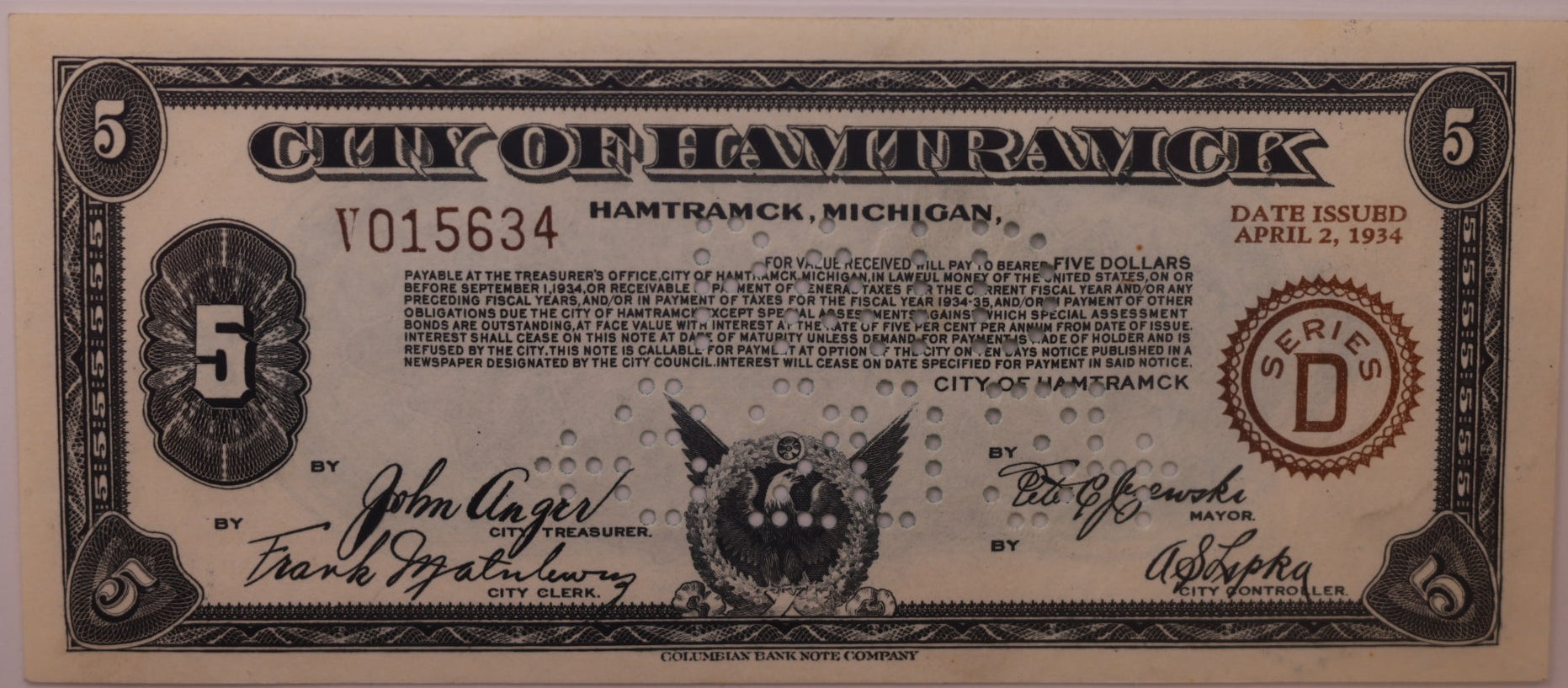 1934 $5 Depression Script-Hamtramck, MI, D-V015634, PCGS UNC-64, STORE #GMI185