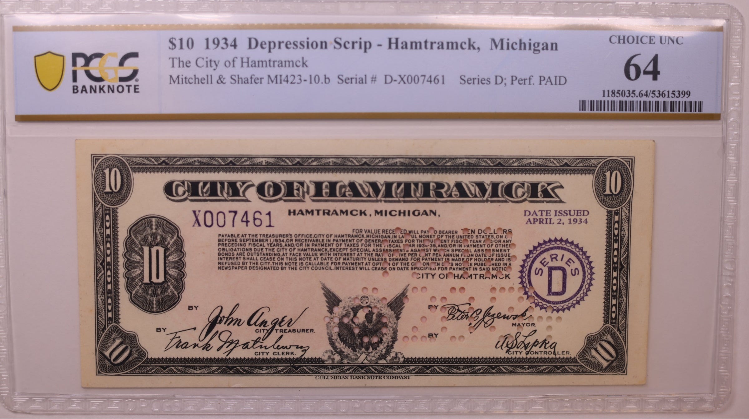 1934 $10 Depression Script-Hamtramck, MI, D-X007461, PCGS UNC-64, STORE #GMI186