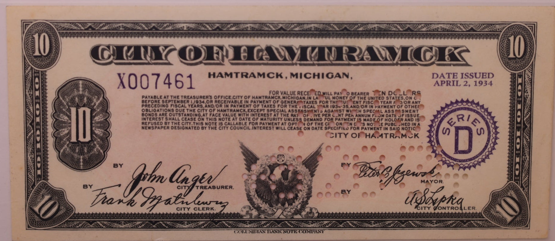1934 $10 Depression Script-Hamtramck, MI, D-X007461, PCGS UNC-64, STORE #GMI186