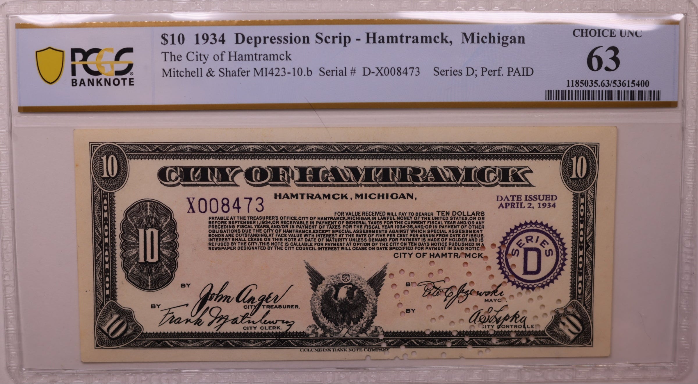 1934 $10 Depression Scrip-Hamtramck, MI, D-X008473, PCGS UNC-63, STORE #GMI187