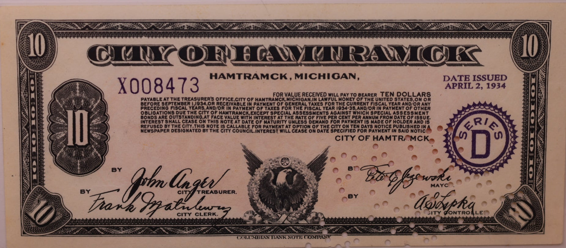 1934 $10 Depression Scrip-Hamtramck, MI, D-X008473, PCGS UNC-63, STORE #GMI187