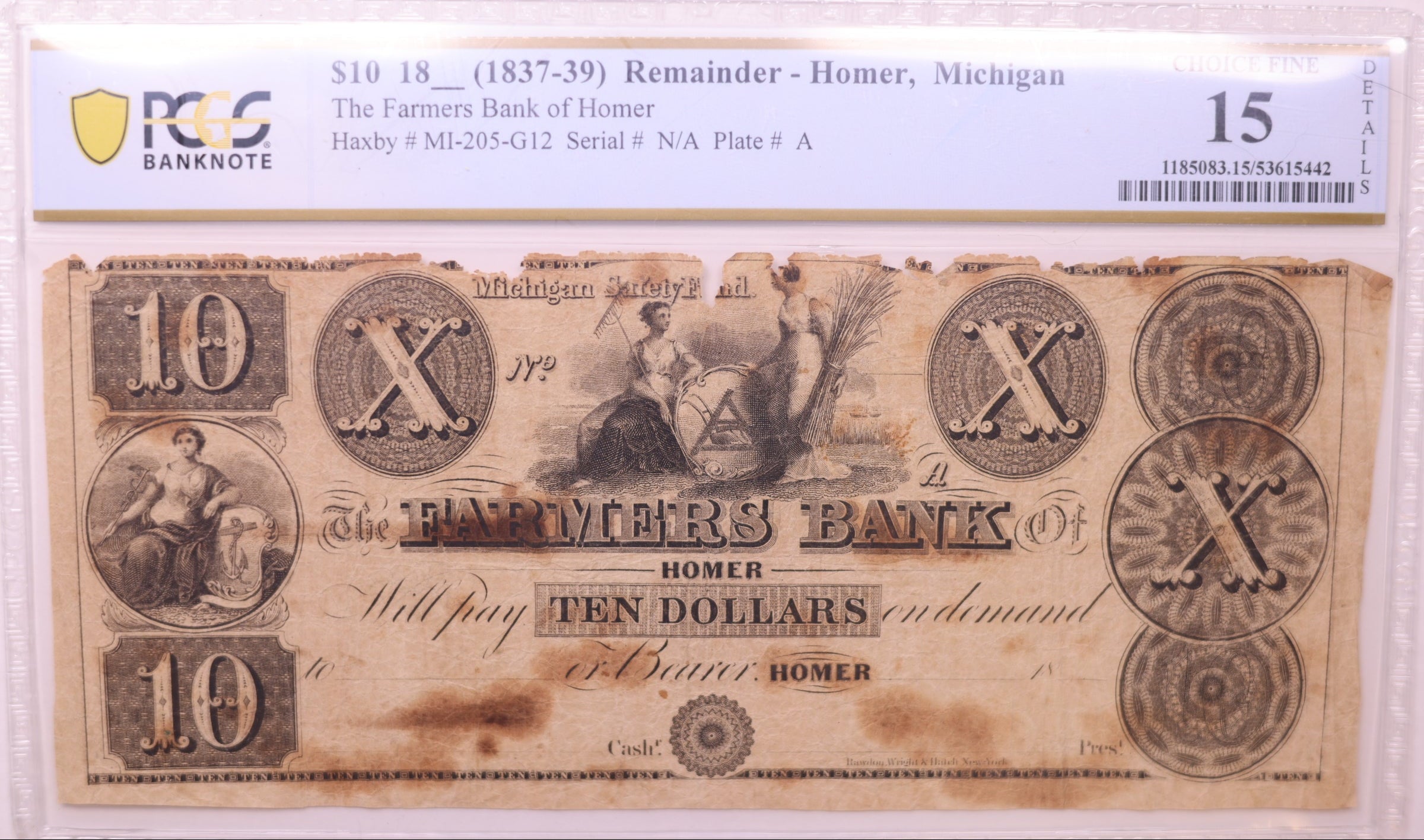18__ $10 Remainder-Homer, MI, Haxby # MI-205-G12, PCGS Choice F-15, STORE #GMI188