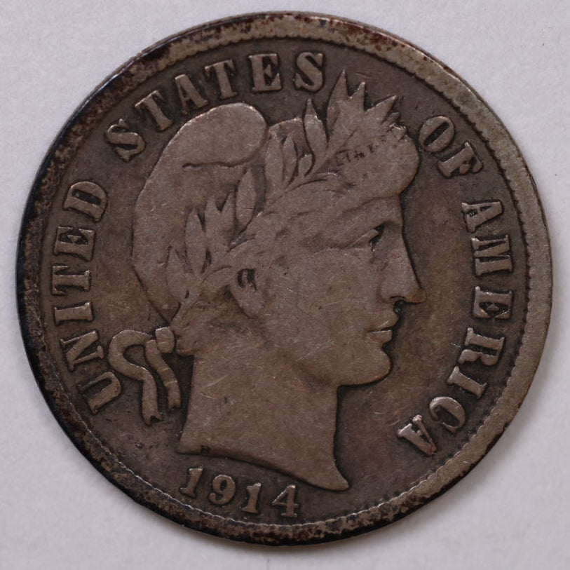 1914-D Barber Silver Dime, Fine+ Circulated Coin, Store #DE0953