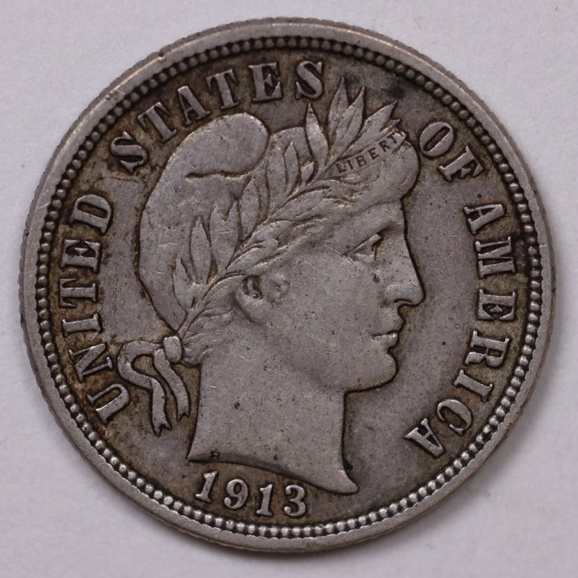 1913 Barber Silver Dime, Extra Fine Circulated Coin, Store #DE0954
